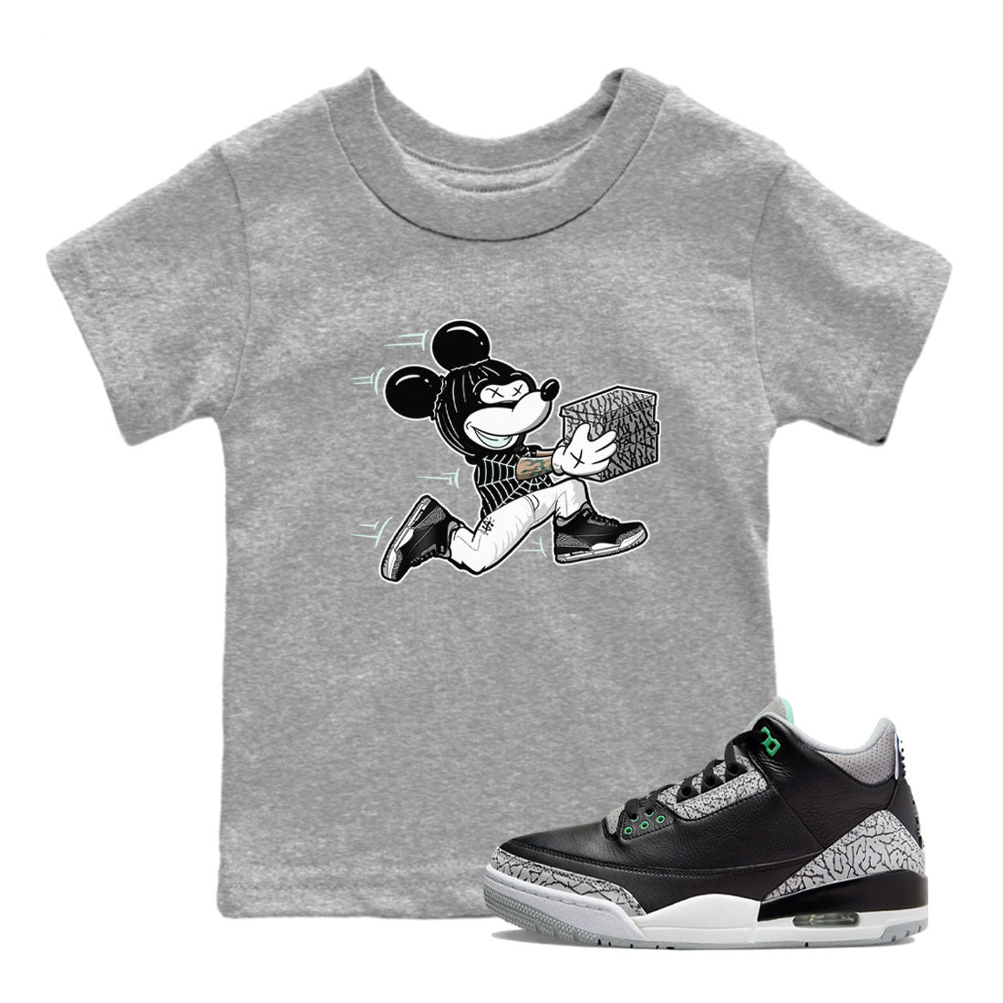 3s Green Glow shirt to match jordans Thief Mouse sneaker tees Air Jordan 3 Green Glow Drip Gear Zone baby toddler Heather Grey 1 cotton Shirt