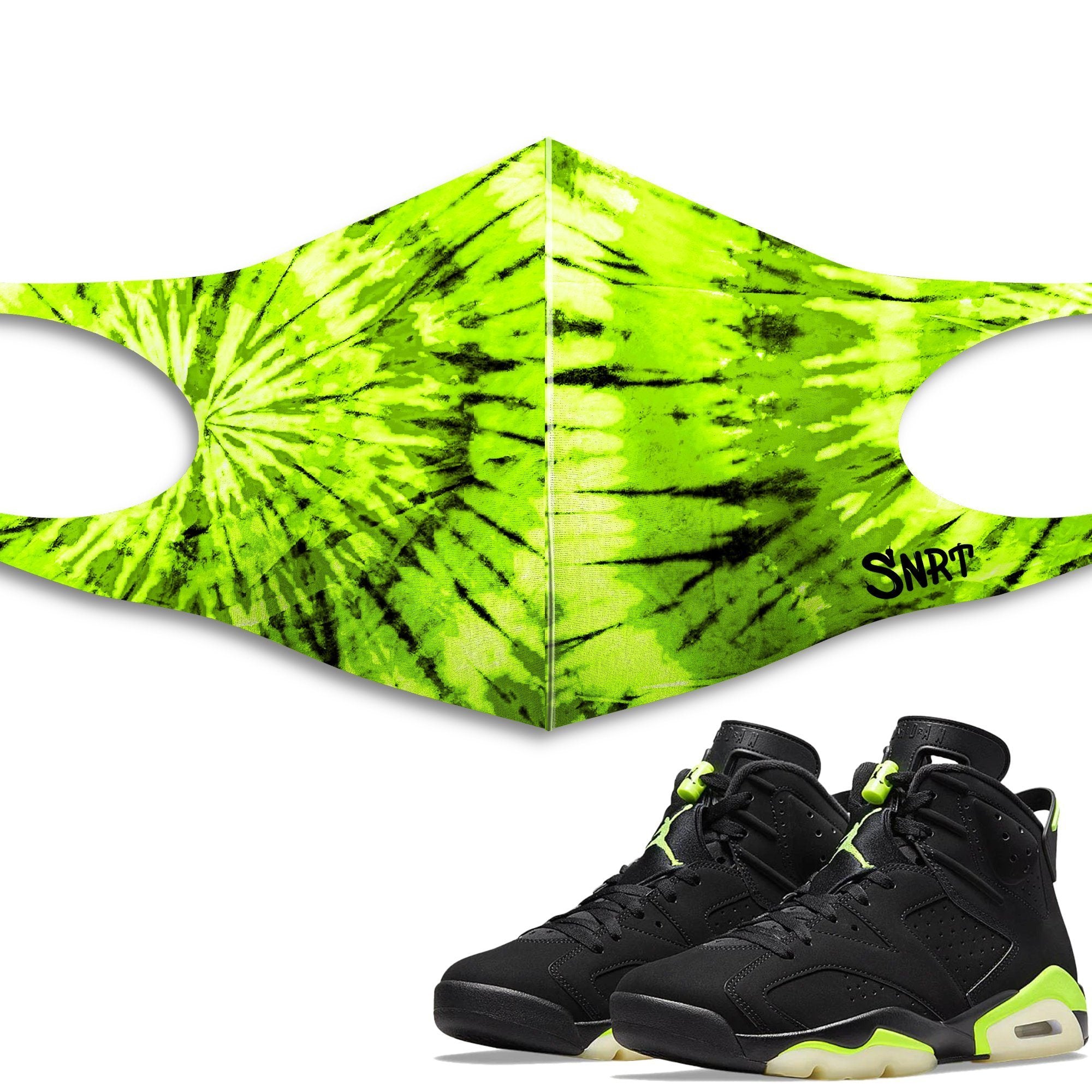Air Jordan 6 Retro Electric Green Sneaker Matching Mask Outfits AJ6 Electric Green Sneaker Matching Accessories Collection Drip Gear Zone Sneaker Matching Clothing Unisex High Quality Face Mask Tie Dye Pattern design Mask