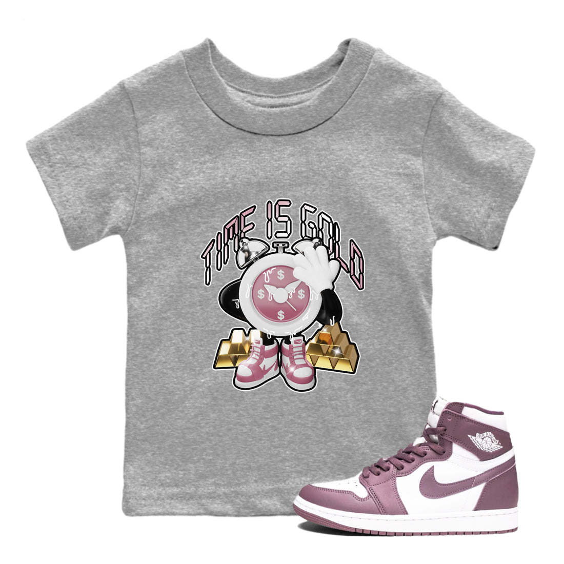 Air Jordan 1 Mauve shirt to match jordans Time Is Gold crew neck streetwear t-shirt AJ1Mauve Drip Gear Zone Baby Toddler Heather Grey 1 Sneaker Matching Tee