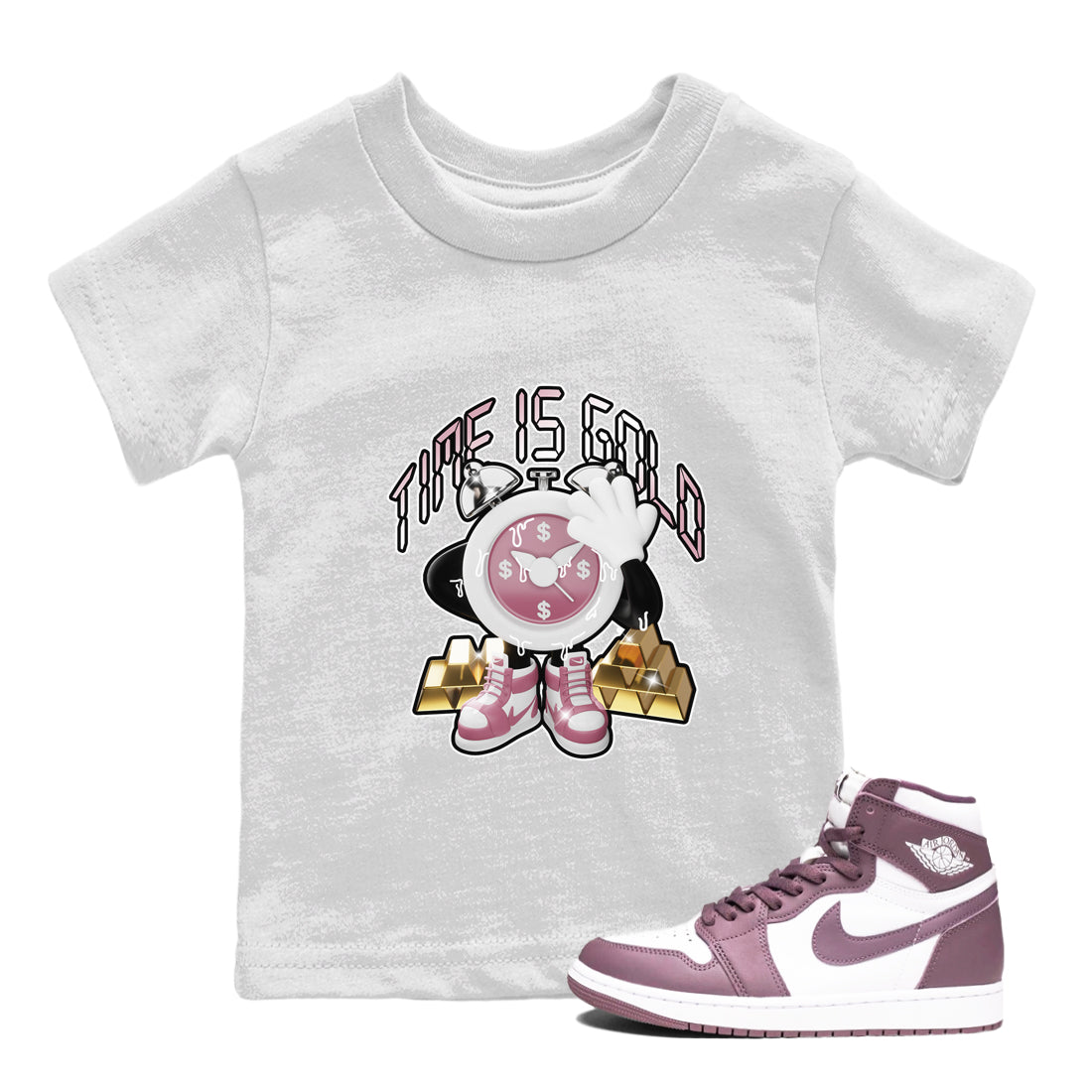 Air Jordan 1 Mauve shirt to match jordans Time Is Gold crew neck streetwear t-shirt AJ1Mauve Drip Gear Zone Baby Toddler White 1 Sneaker Matching Tee
