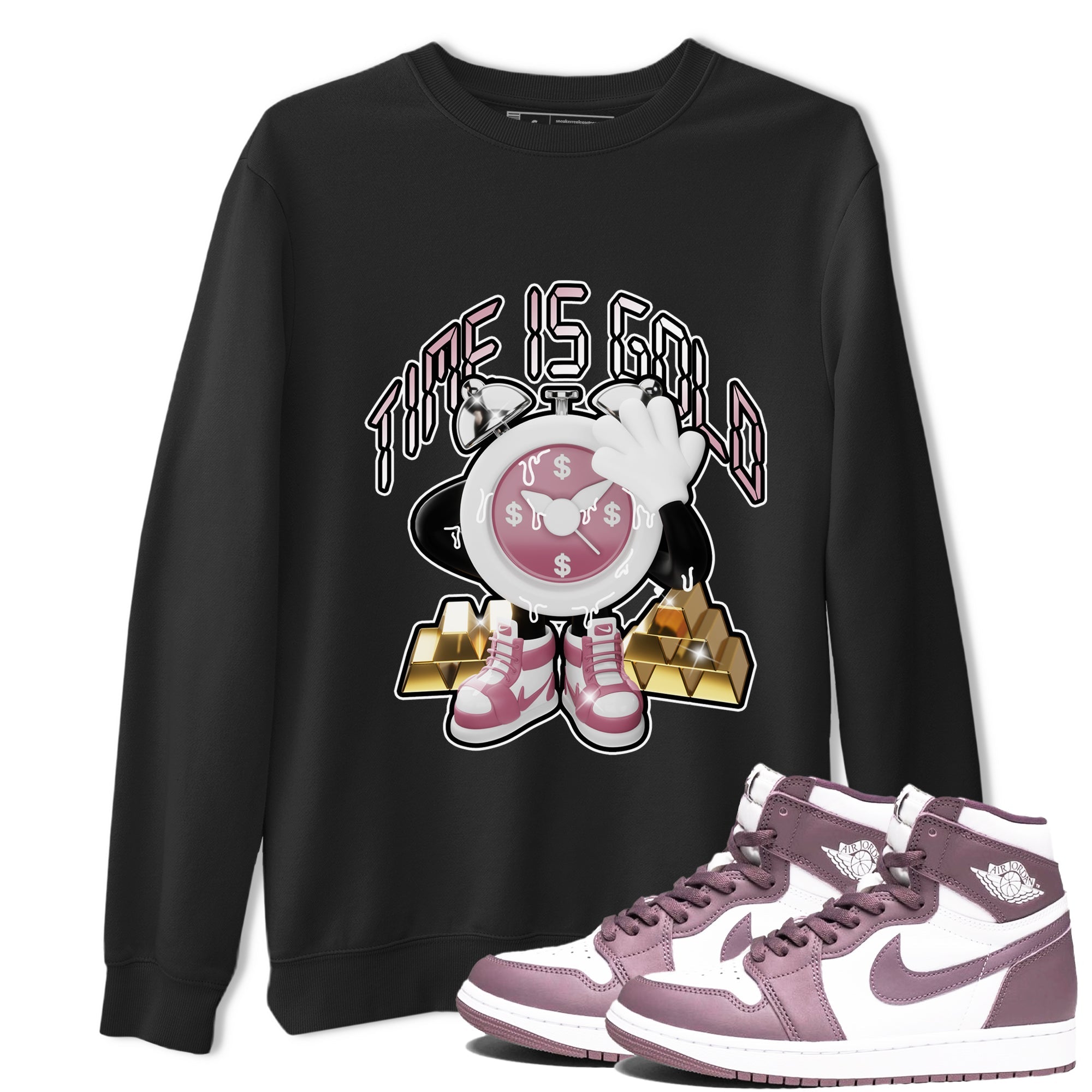Air Jordan 1 Mauve shirt to match jordans Time Is Gold crew neck streetwear t-shirt AJ1Mauve Drip Gear Zone Unisex Black 1 Sneaker Matching Tee