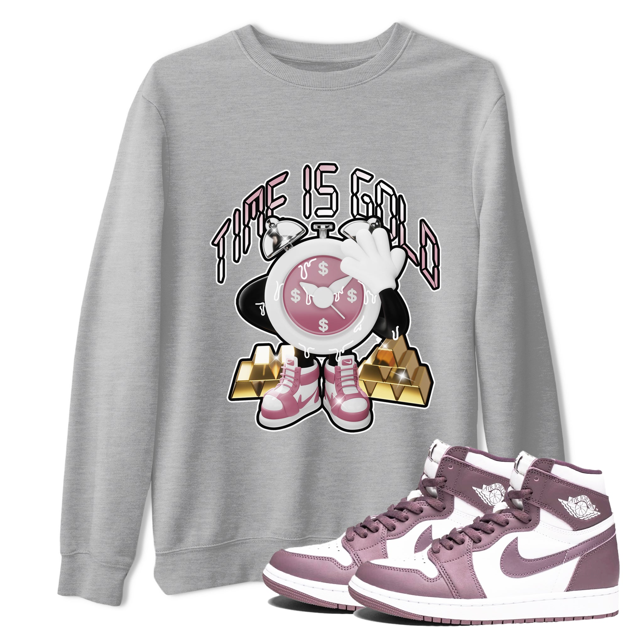 Air Jordan 1 Mauve shirt to match jordans Time Is Gold crew neck streetwear t-shirt AJ1Mauve Drip Gear Zone Unisex Heather Grey 1 Sneaker Matching Tee