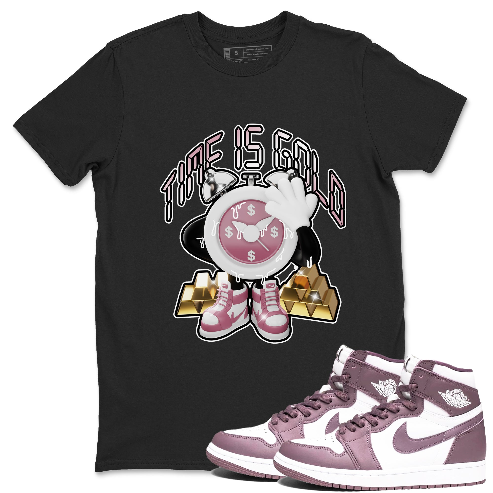 Air Jordan 1 Mauve shirt to match jordans Time Is Gold crew neck streetwear t-shirt AJ1Mauve Drip Gear Zone Unisex Black 1 Sneaker Matching Tee