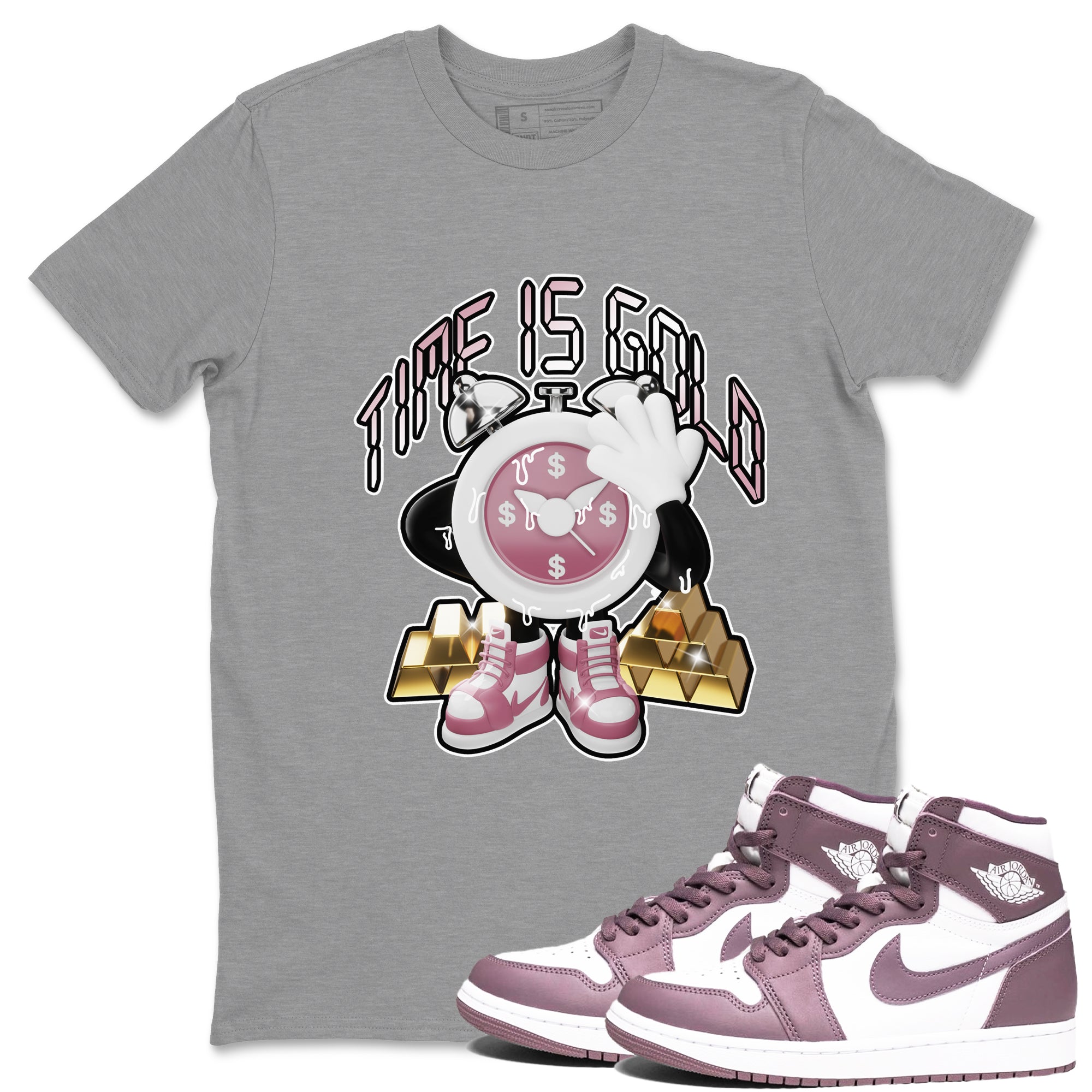 Air Jordan 1 Mauve shirt to match jordans Time Is Gold crew neck streetwear t-shirt AJ1Mauve Drip Gear Zone Unisex Heather Grey 1 Sneaker Matching Tee