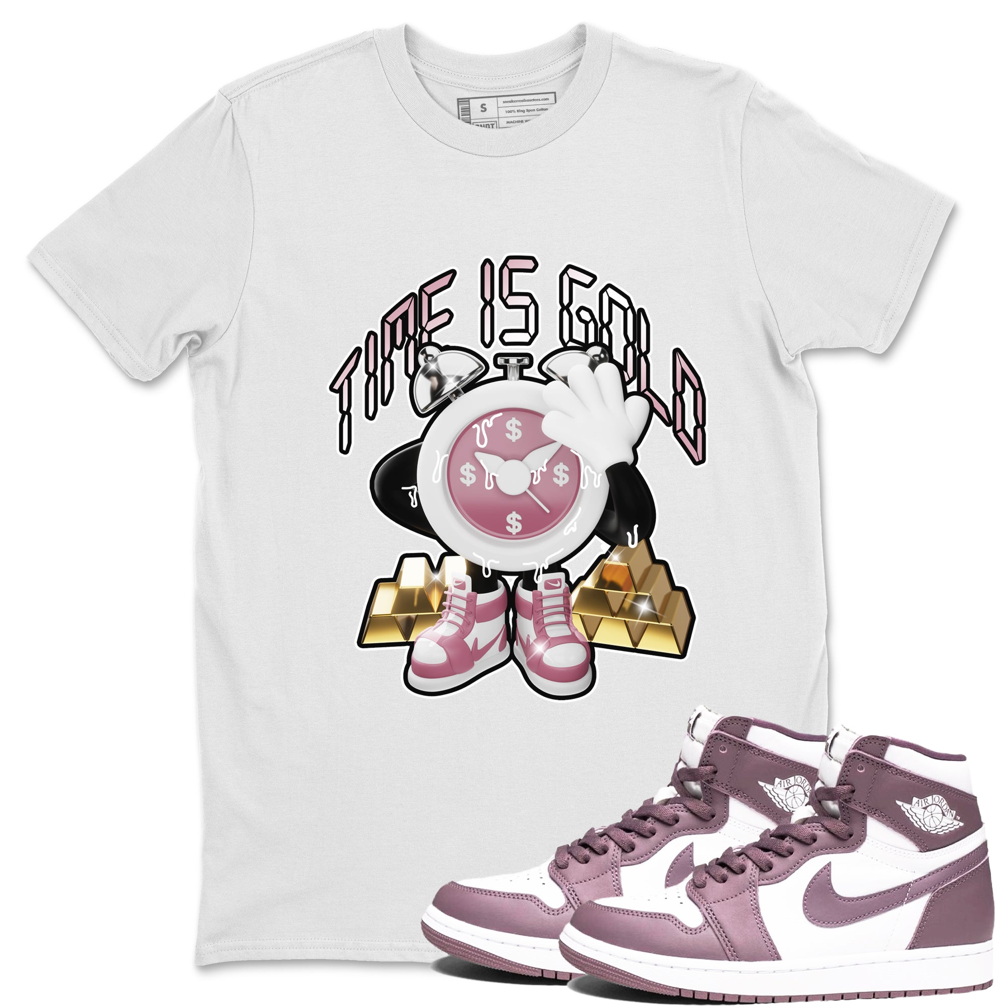 Air Jordan 1 Mauve shirt to match jordans Time Is Gold crew neck streetwear t-shirt AJ1Mauve Drip Gear Zone Unisex White 1 Sneaker Matching Tee