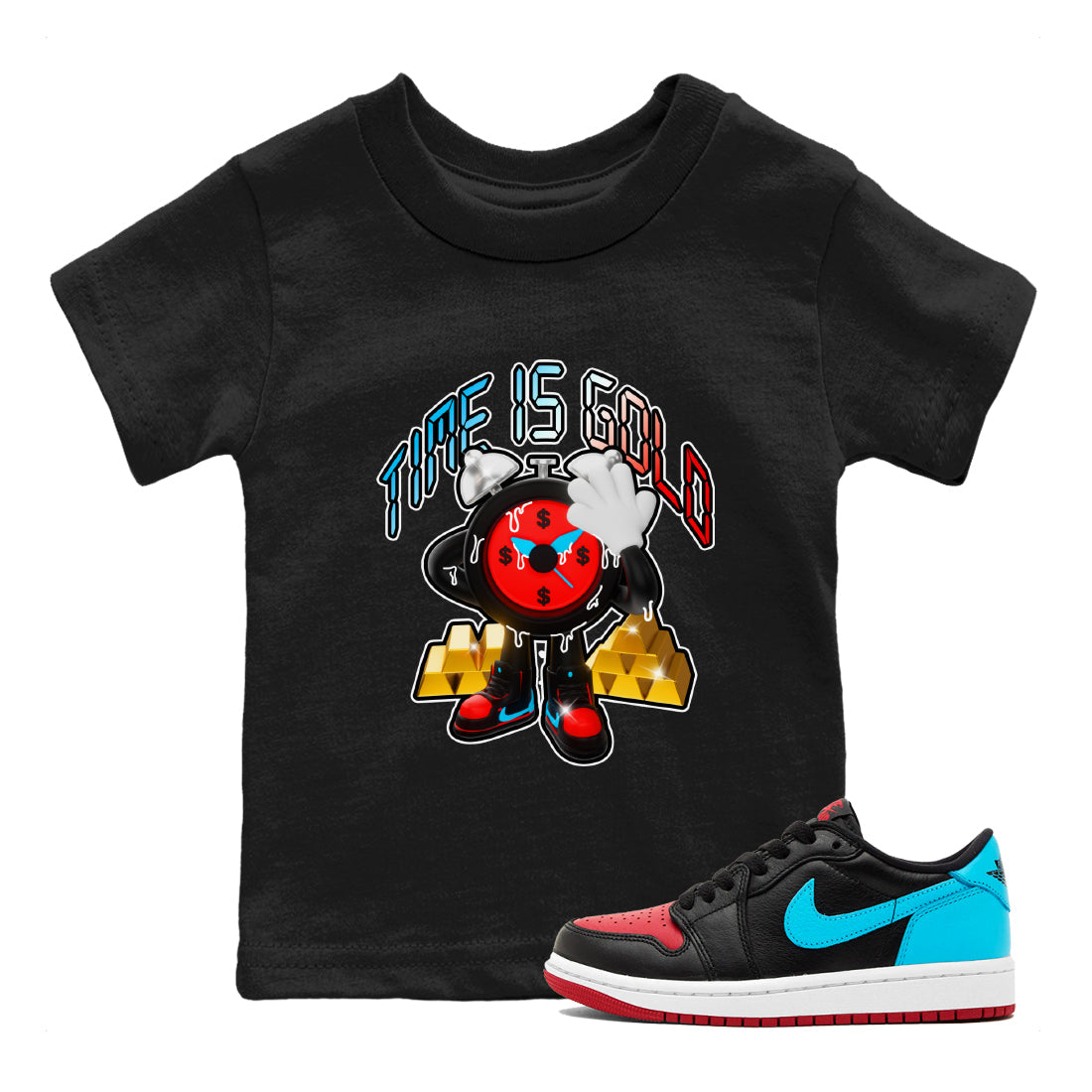 Air Jordan 1 UNC to Chicago shirt to match jordans Time Is Gold Streetwear Sneaker Shirt AJ1 UNC to Chicago Drip Gear Zone Sneaker Matching Clothing Baby Toddler Black 1 T-Shirt