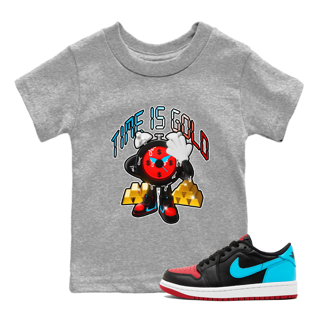 Air Jordan 1 UNC to Chicago shirt to match jordans Time Is Gold Streetwear Sneaker Shirt AJ1 UNC to Chicago Drip Gear Zone Sneaker Matching Clothing Baby Toddler Heather Grey 1 T-Shirt