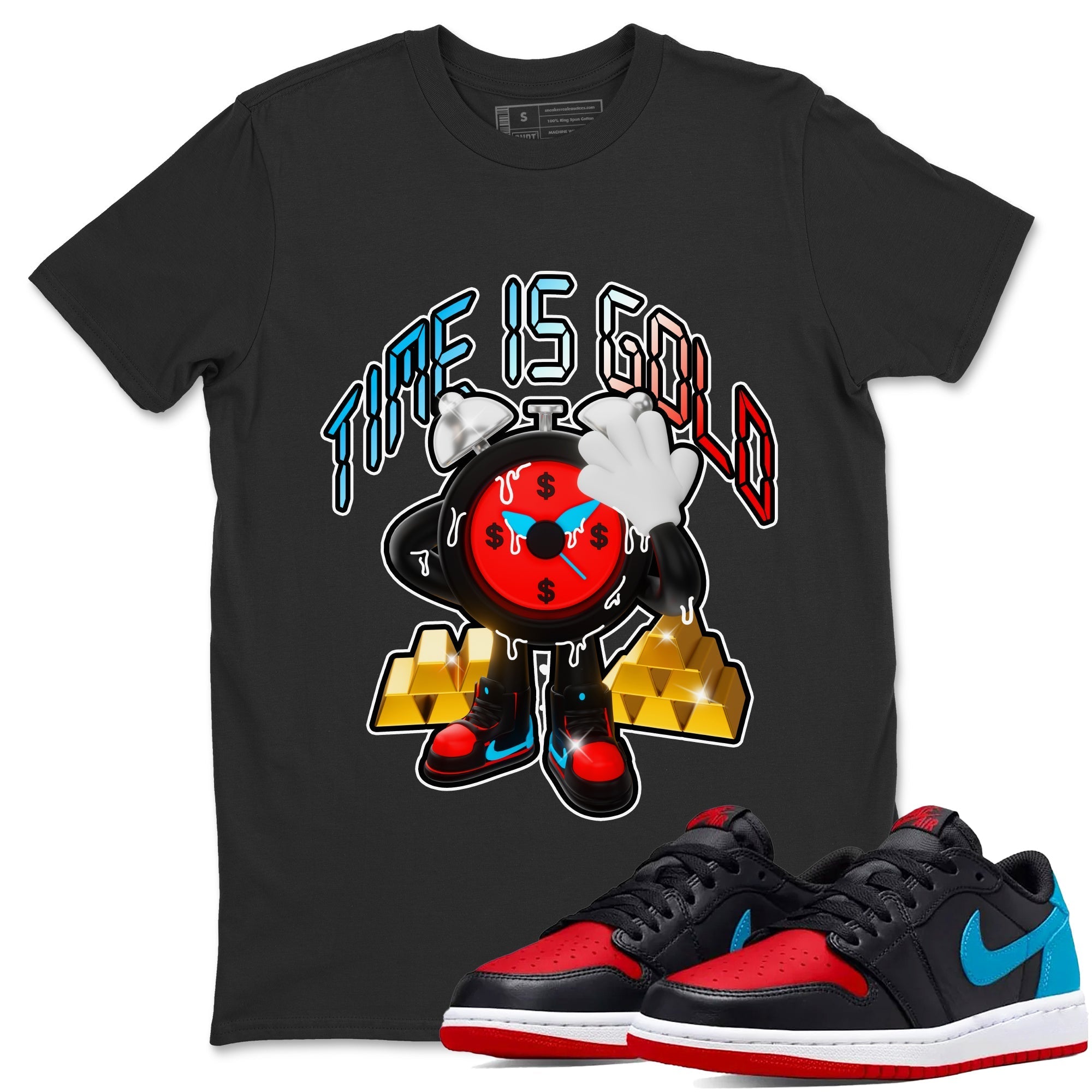 Air Jordan 1 UNC to Chicago shirt to match jordans Time Is Gold Streetwear Sneaker Shirt AJ1 UNC to Chicago Drip Gear Zone Sneaker Matching Clothing Unisex Black 1 T-Shirt
