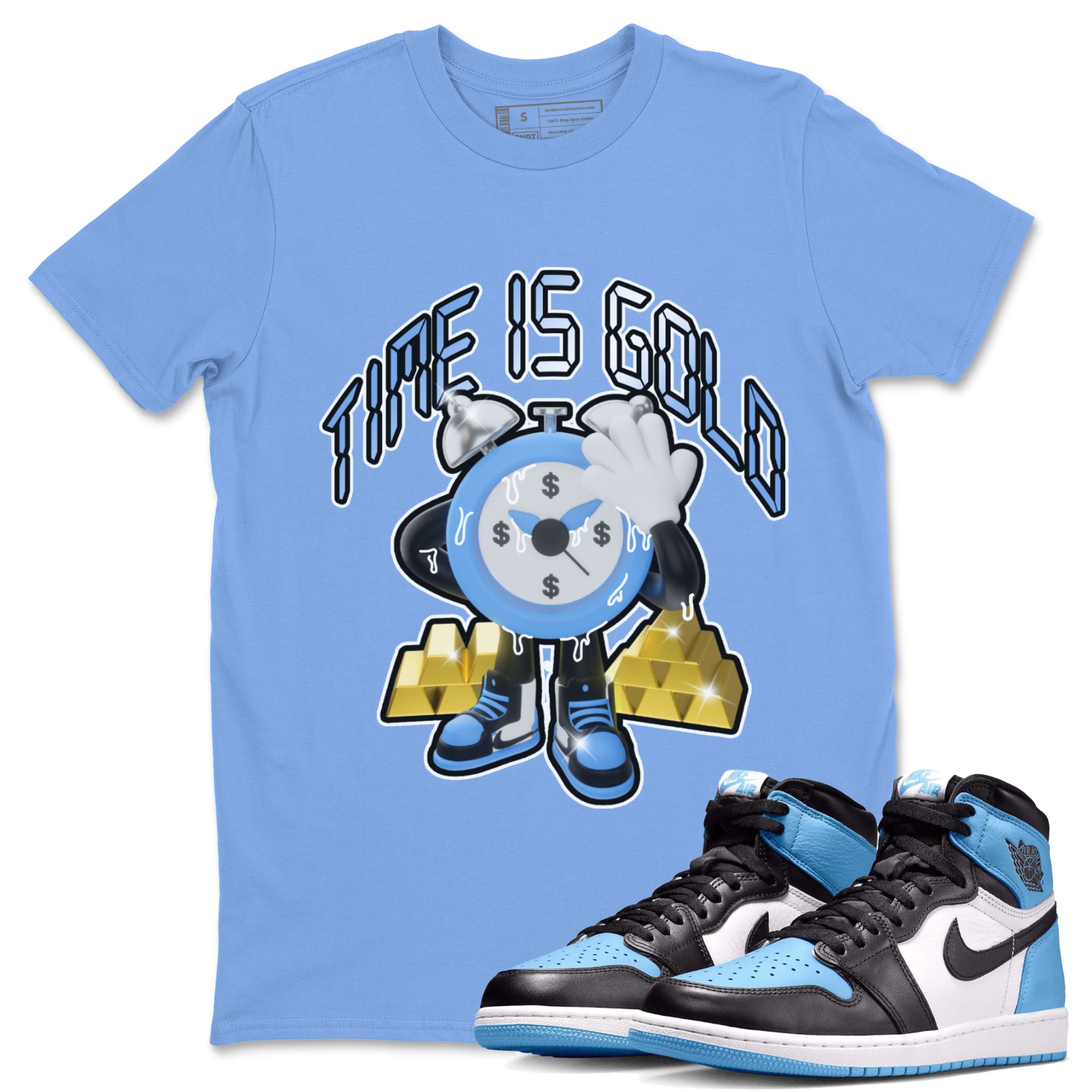 Air Jordan 1 UNC Toe shirt to match jordans Time Is Gold Streetwear Sneaker Shirt AJ1 UNC Toe Drip Gear Zone Sneaker Matching Clothing Unisex Carolina Blue 1 T-Shirt