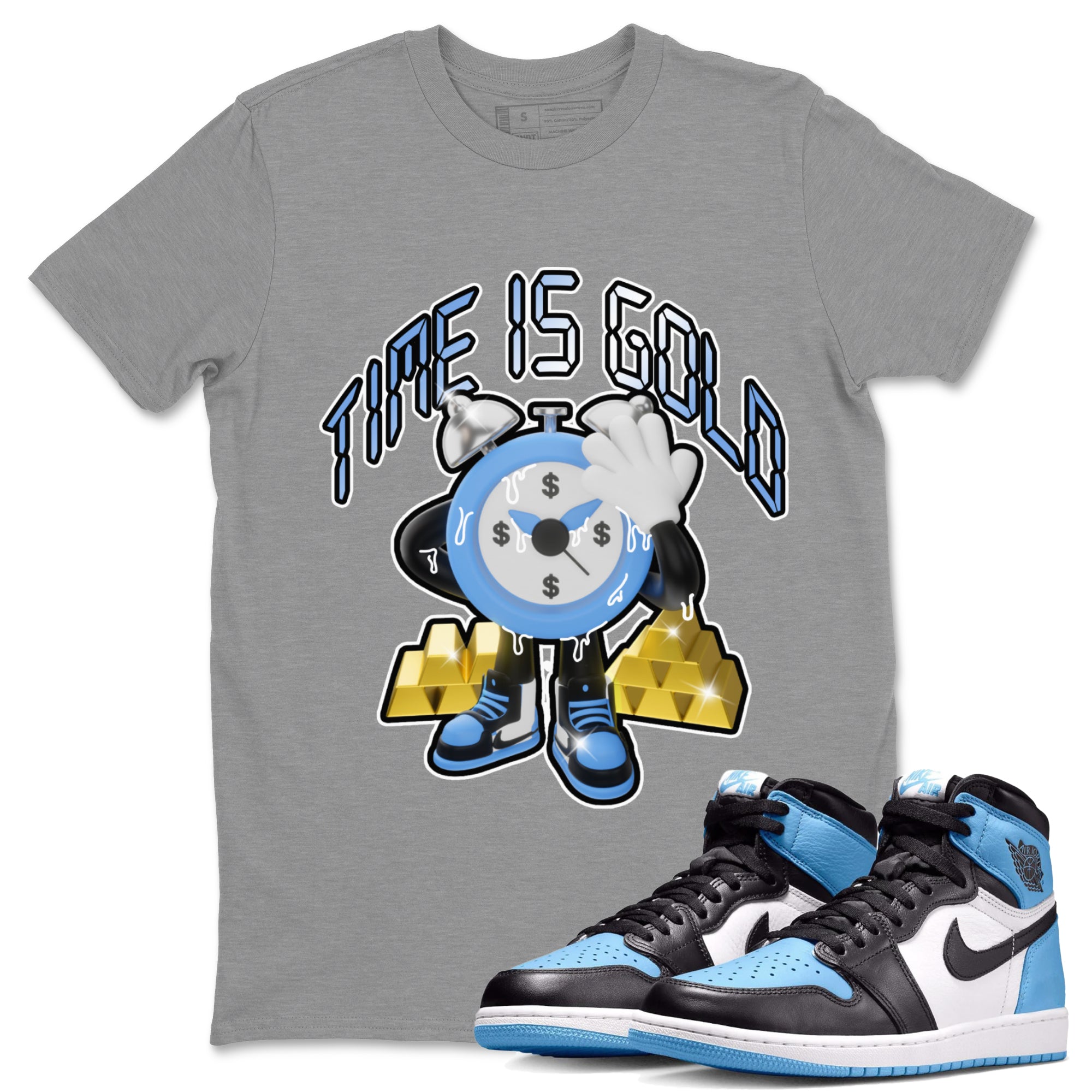 Air Jordan 1 UNC Toe shirt to match jordans Time Is Gold Streetwear Sneaker Shirt AJ1 UNC Toe Drip Gear Zone Sneaker Matching Clothing Unisex Heather Grey 1 T-Shirt
