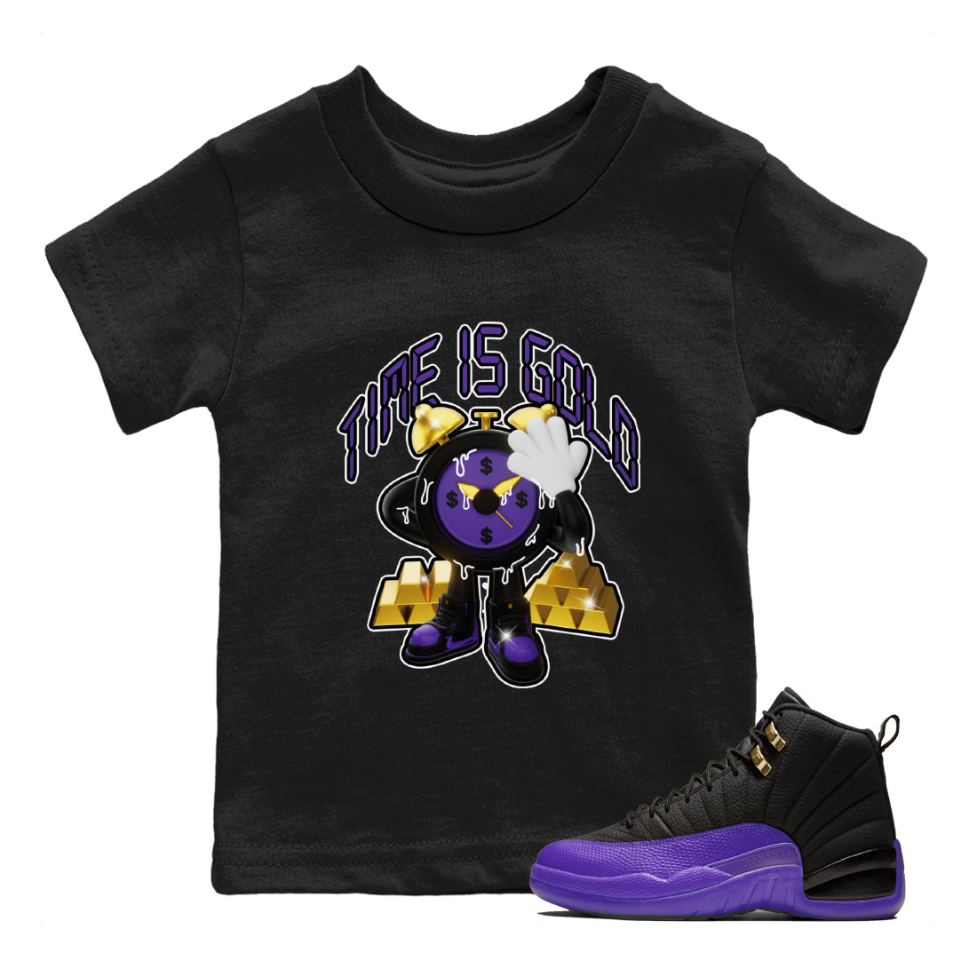 Air Jordan 12 Field Purple shirt to match jordans Time Is Gold Streetwear Sneaker Shirt AJ12 Field Purple Drip Gear Zone Sneaker Matching Clothing Baby Toddler Black 1 T-Shirt
