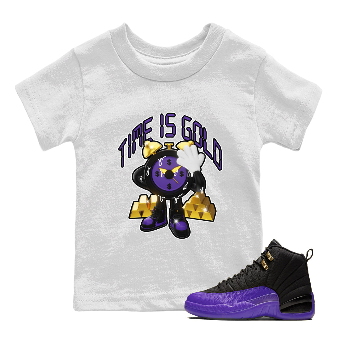 Air Jordan 12 Field Purple shirt to match jordans Time Is Gold Streetwear Sneaker Shirt AJ12 Field Purple Drip Gear Zone Sneaker Matching Clothing Baby Toddler White 1 T-Shirt
