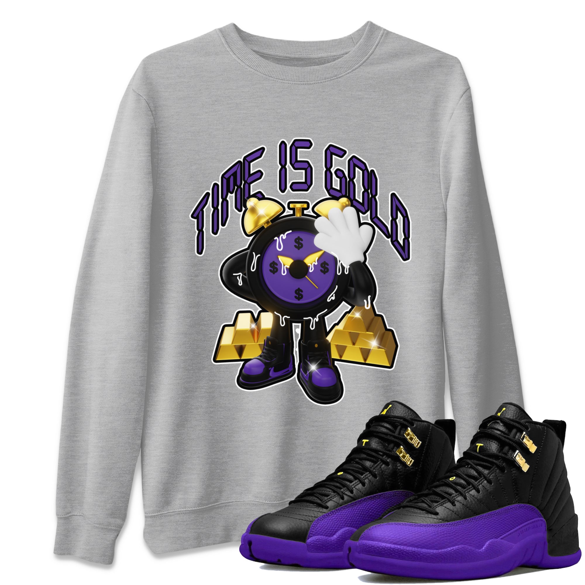 Air Jordan 12 Field Purple shirt to match jordans Time Is Gold Streetwear Sneaker Shirt AJ12 Field Purple Drip Gear Zone Sneaker Matching Clothing Unisex Heather Grey 1 T-Shirt