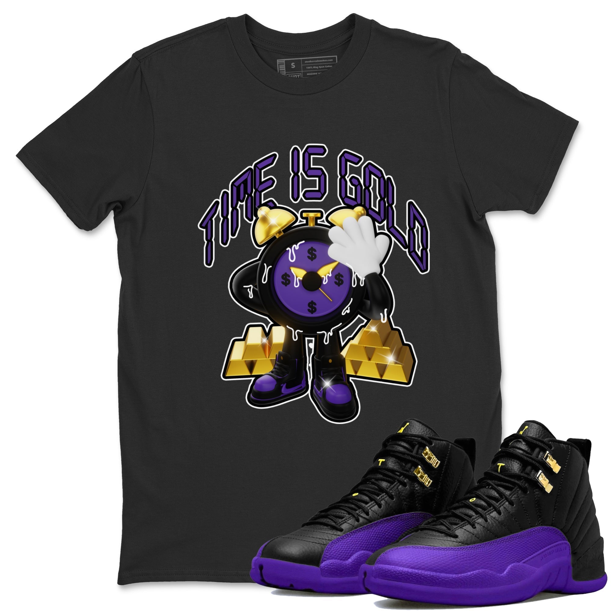Air Jordan 12 Field Purple shirt to match jordans Time Is Gold Streetwear Sneaker Shirt AJ12 Field Purple Drip Gear Zone Sneaker Matching Clothing Unisex Black 1 T-Shirt