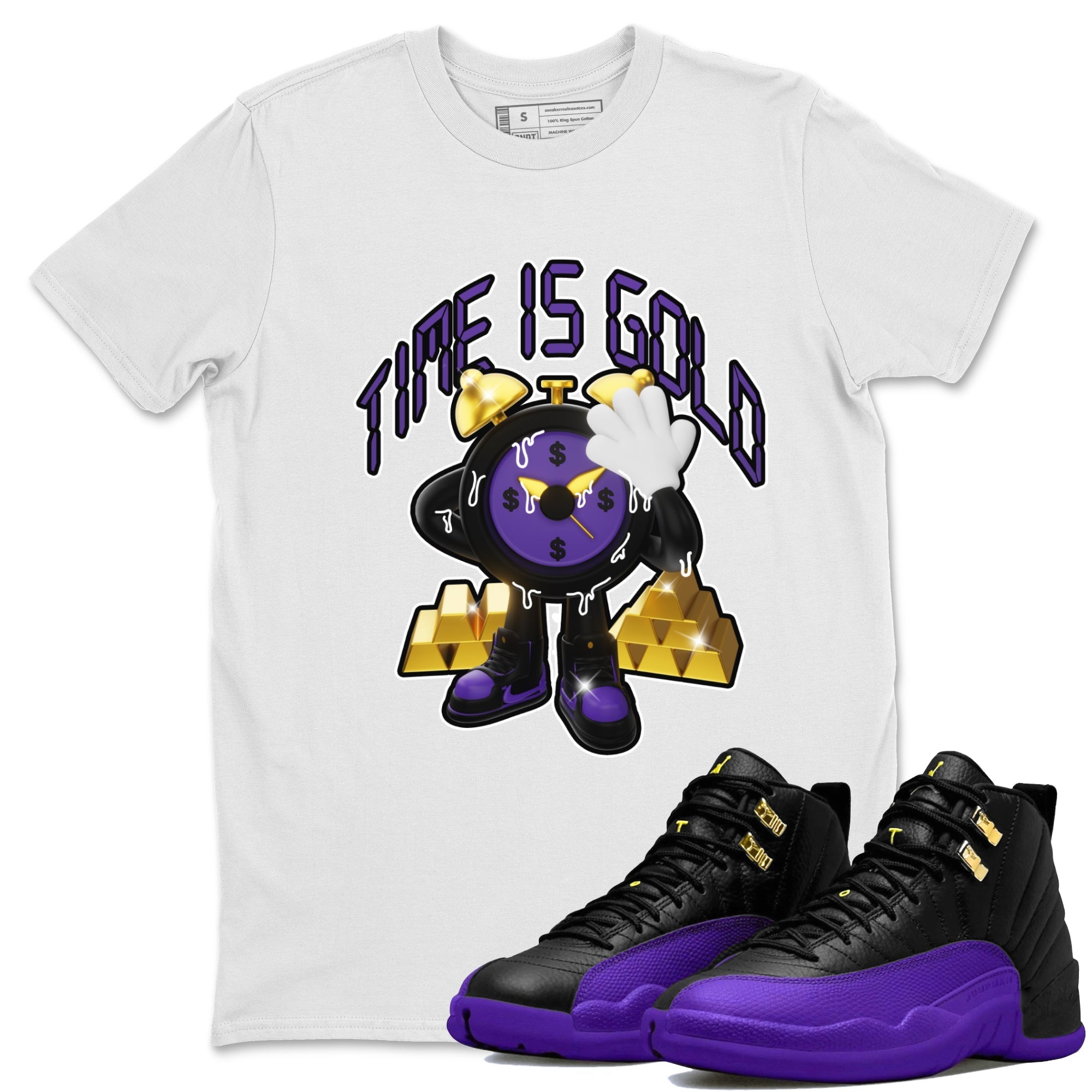 Air Jordan 12 Field Purple shirt to match jordans Time Is Gold Streetwear Sneaker Shirt AJ12 Field Purple Drip Gear Zone Sneaker Matching Clothing Unisex White 1 T-Shirt