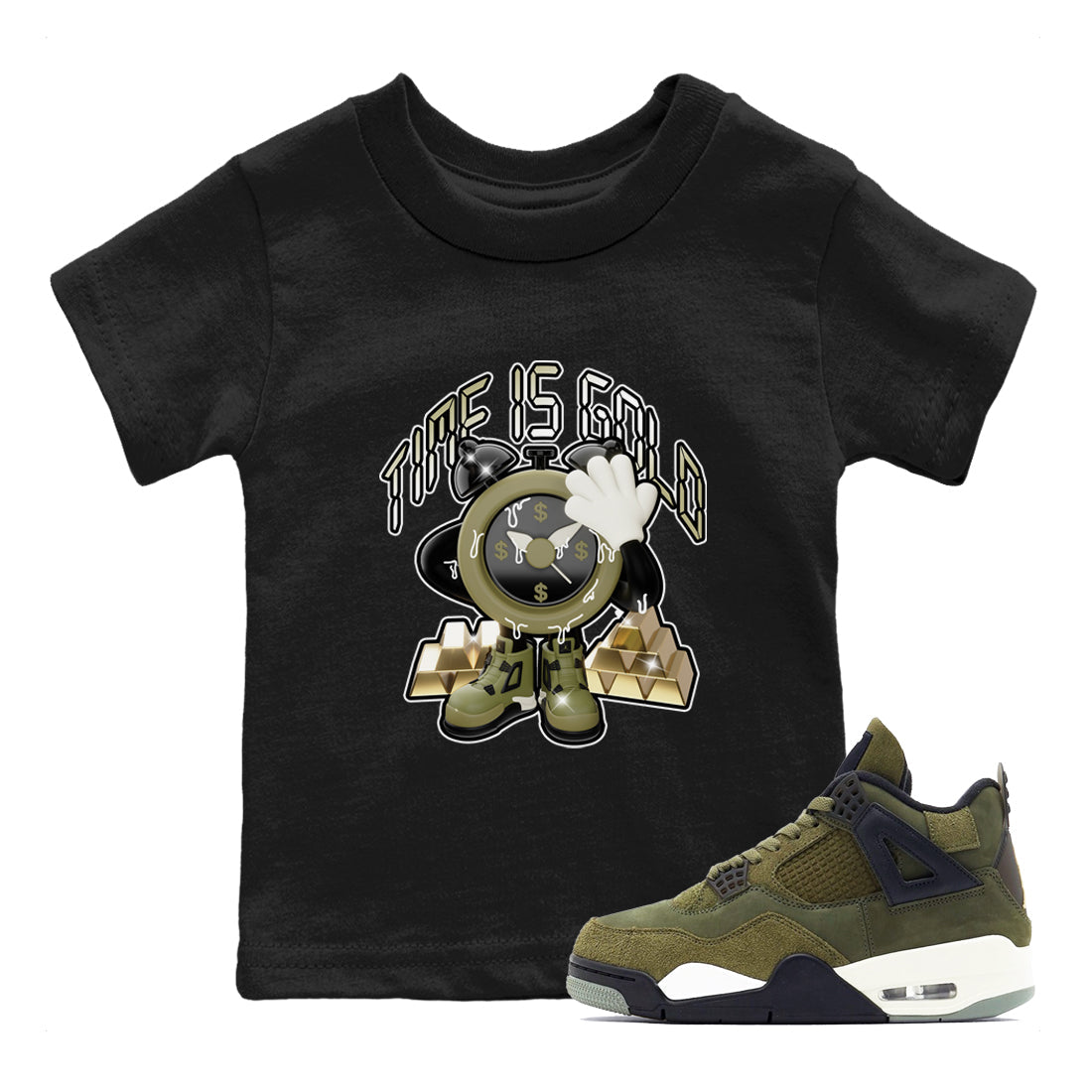 Air Jordan 4 Medium Olive shirt to match jordans streetwear brand Time Is Gold sneaker tees AJ4Medium Olive Drip Gear Zone Baby Toddler Black 1 T-Shirt