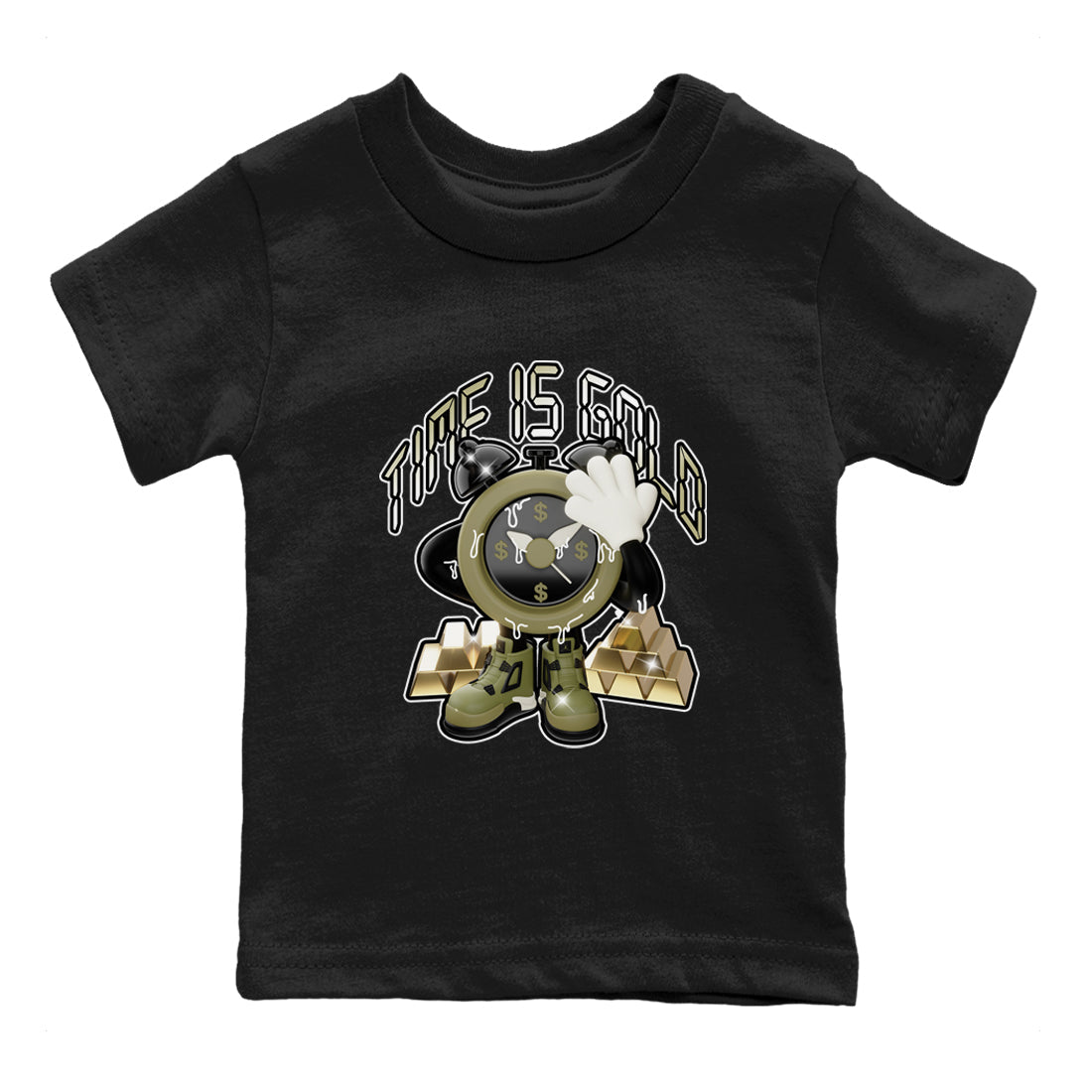 Air Jordan 4 Medium Olive shirt to match jordans streetwear brand Time Is Gold sneaker tees AJ4Medium Olive Drip Gear Zone Baby Toddler Black 2 T-Shirt