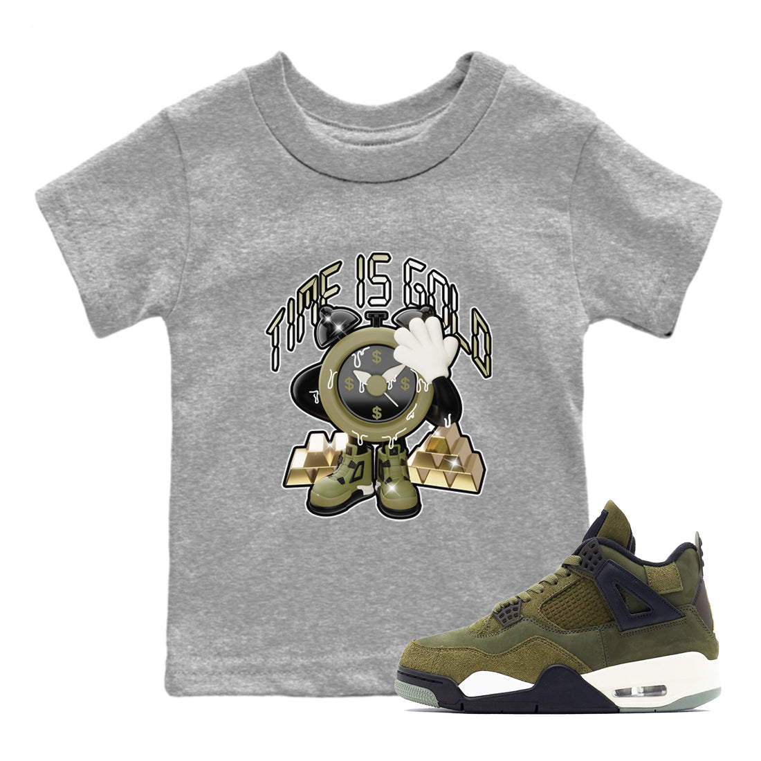 Air Jordan 4 Medium Olive shirt to match jordans streetwear brand Time Is Gold sneaker tees AJ4Medium Olive Drip Gear Zone Baby Toddler Heather Grey 1 T-Shirt