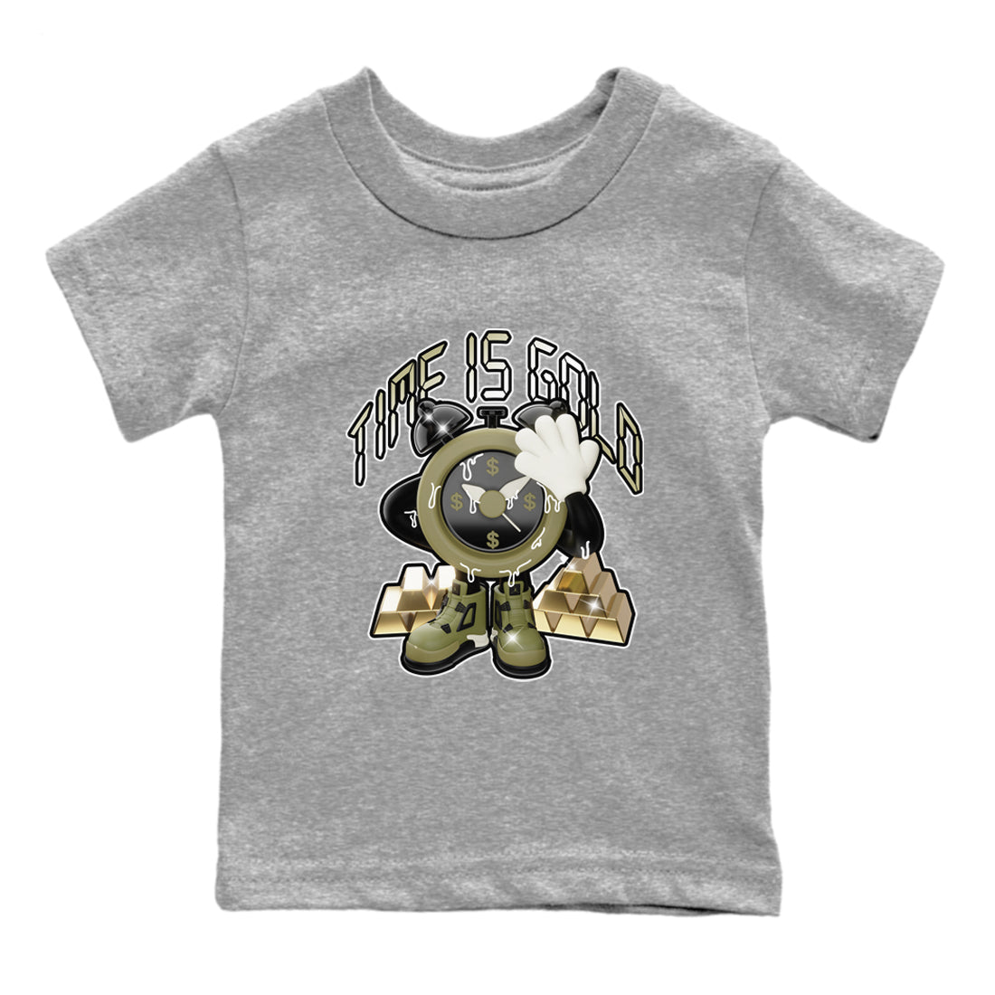 Air Jordan 4 Medium Olive shirt to match jordans streetwear brand Time Is Gold sneaker tees AJ4Medium Olive Drip Gear Zone Baby Toddler Heather Grey 2 T-Shirt
