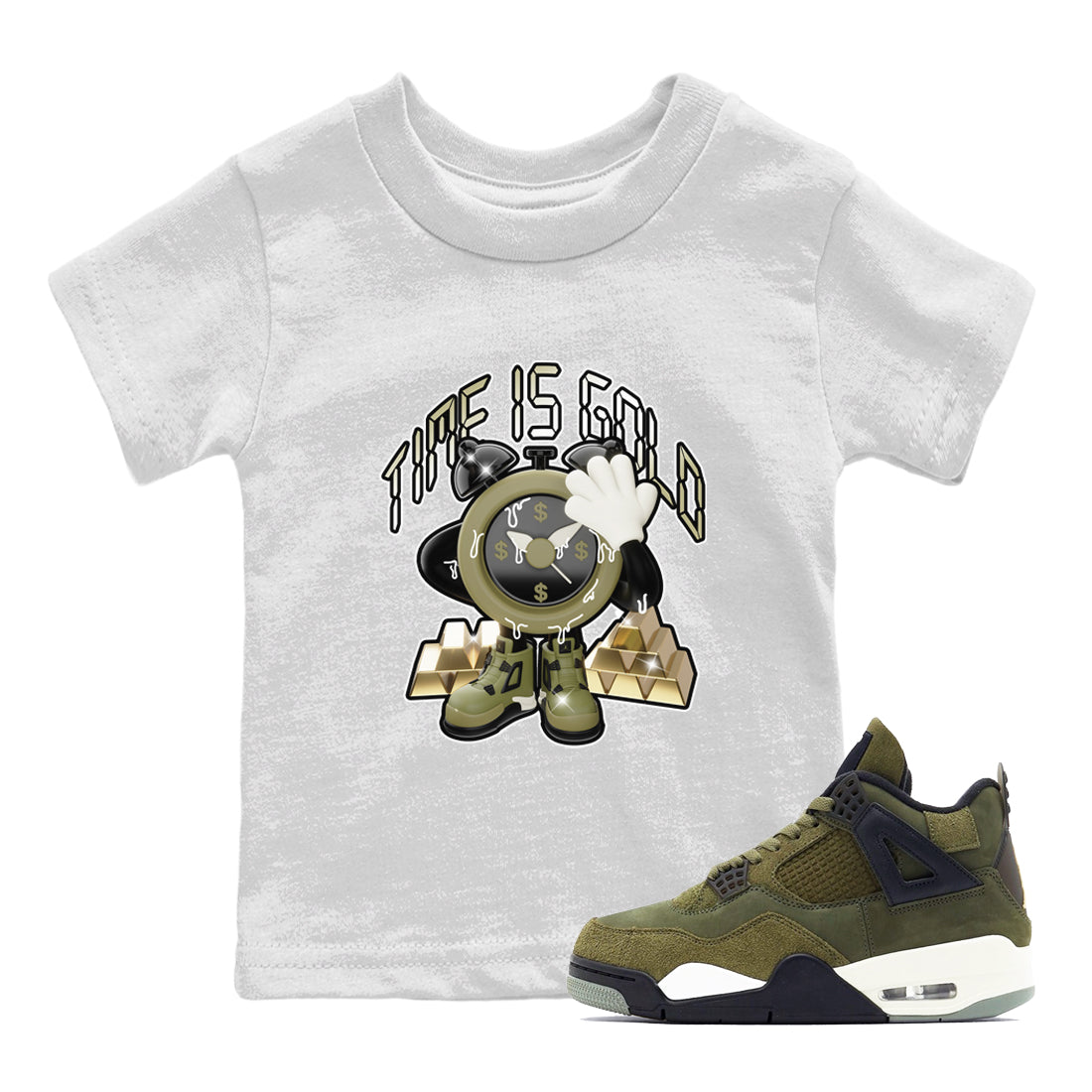 Air Jordan 4 Medium Olive shirt to match jordans streetwear brand Time Is Gold sneaker tees AJ4Medium Olive Drip Gear Zone Baby Toddler White 1 T-Shirt