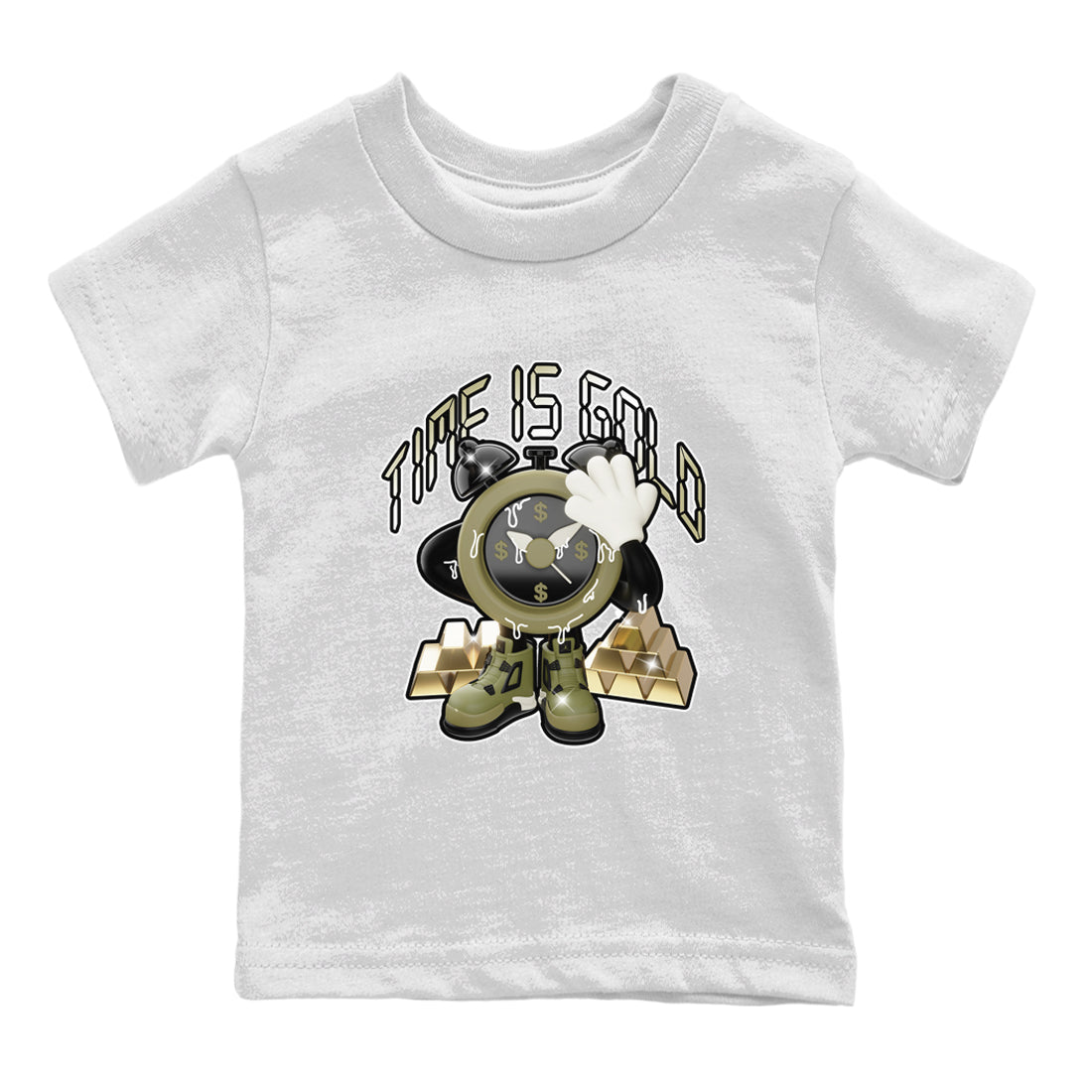 Air Jordan 4 Medium Olive shirt to match jordans streetwear brand Time Is Gold sneaker tees AJ4Medium Olive Drip Gear Zone Baby Toddler White 2 T-Shirt
