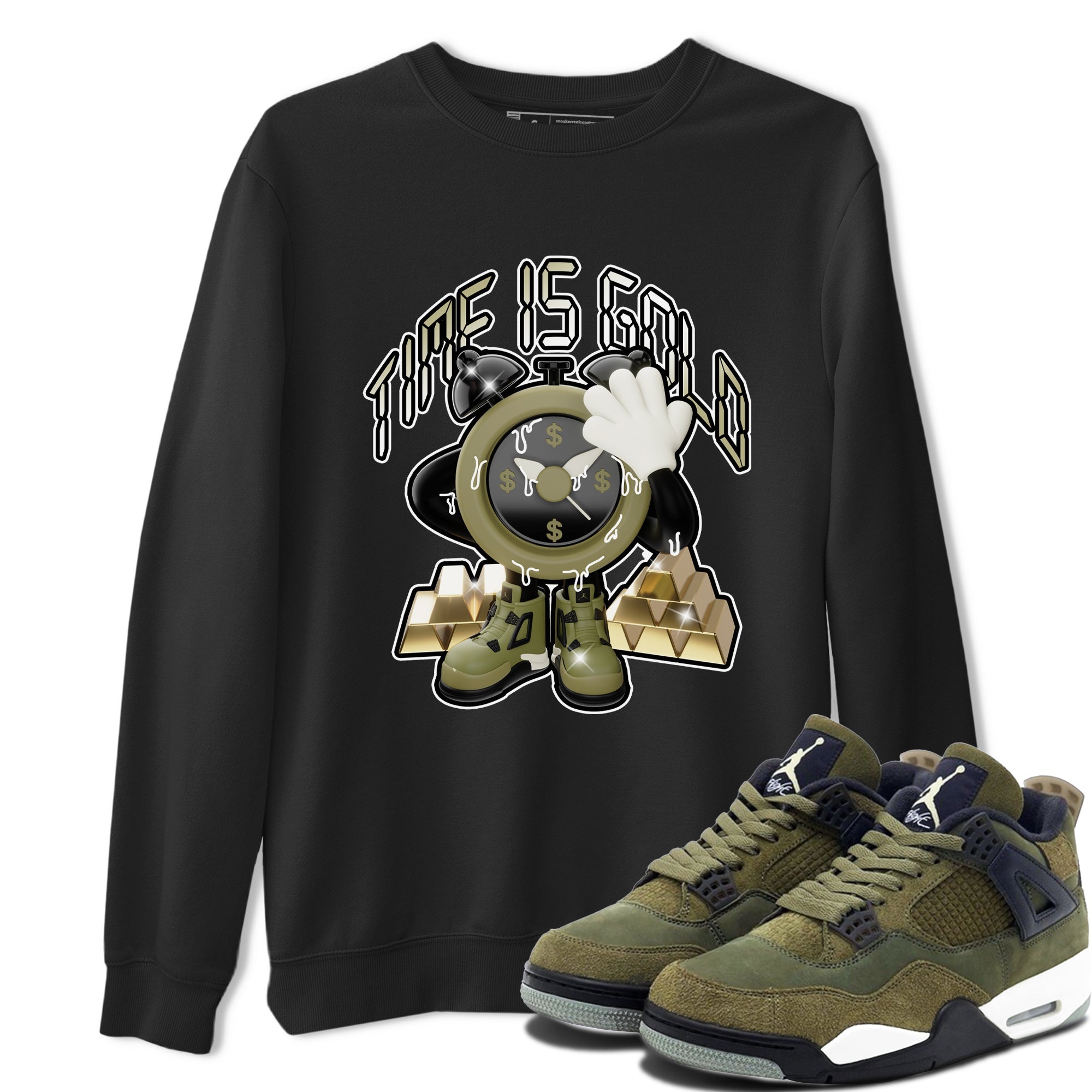 Air Jordan 4 Medium Olive shirt to match jordans streetwear brand Time Is Gold sneaker tees AJ4Medium Olive Drip Gear Zone Unisex Black 1 T-Shirt