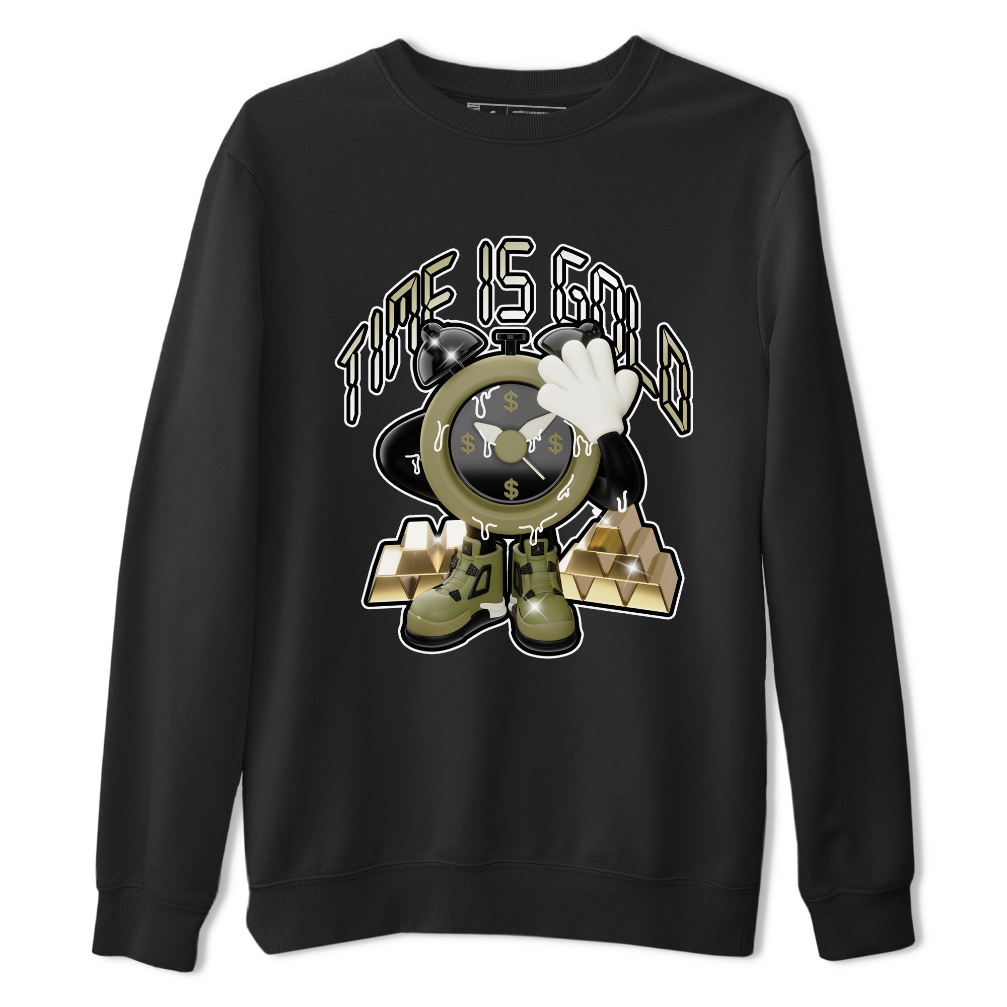 Air Jordan 4 Medium Olive shirt to match jordans streetwear brand Time Is Gold sneaker tees AJ4Medium Olive Drip Gear Zone Unisex Black 2 T-Shirt