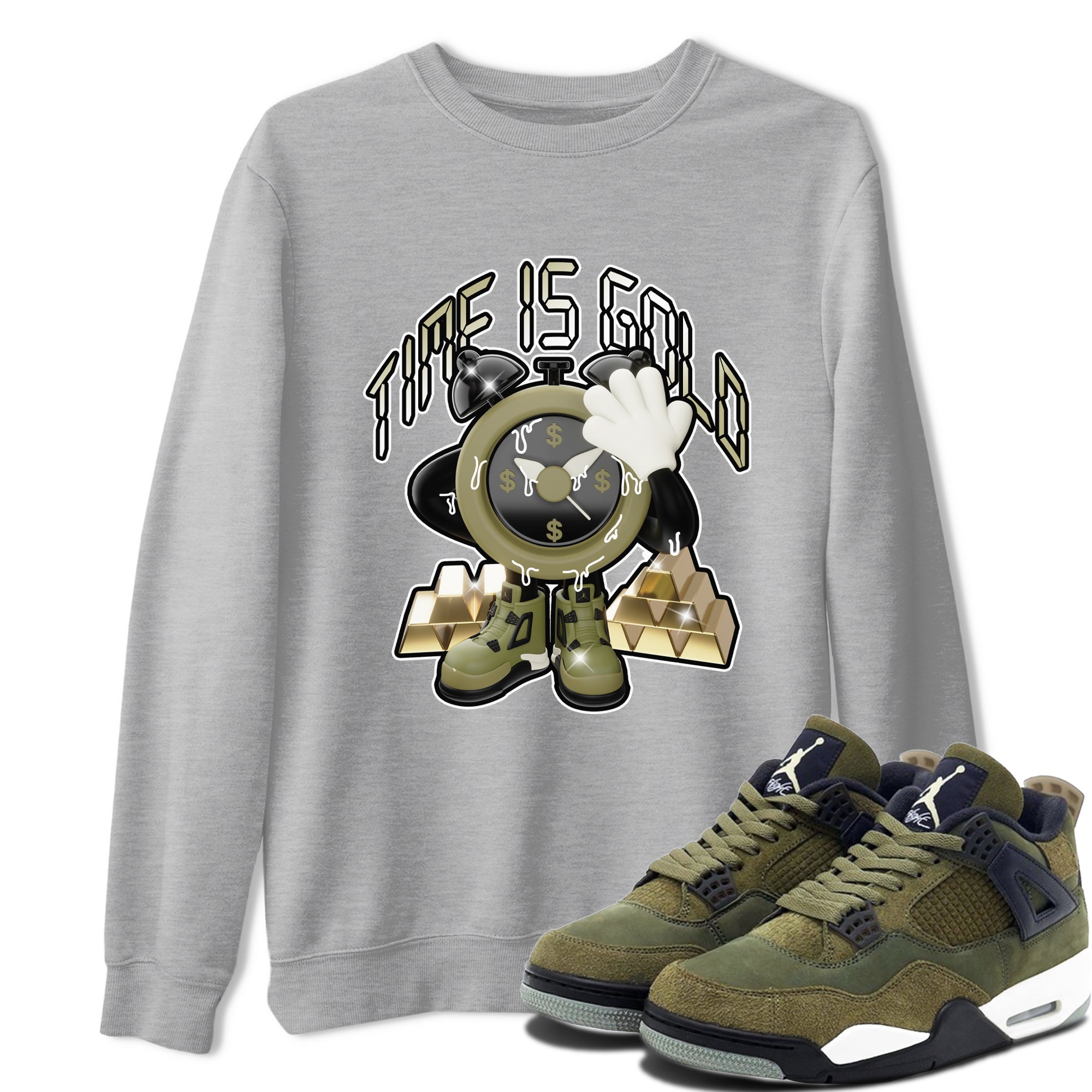Air Jordan 4 Medium Olive shirt to match jordans streetwear brand Time Is Gold sneaker tees AJ4Medium Olive Drip Gear Zone Unisex Heather Grey 1 T-Shirt