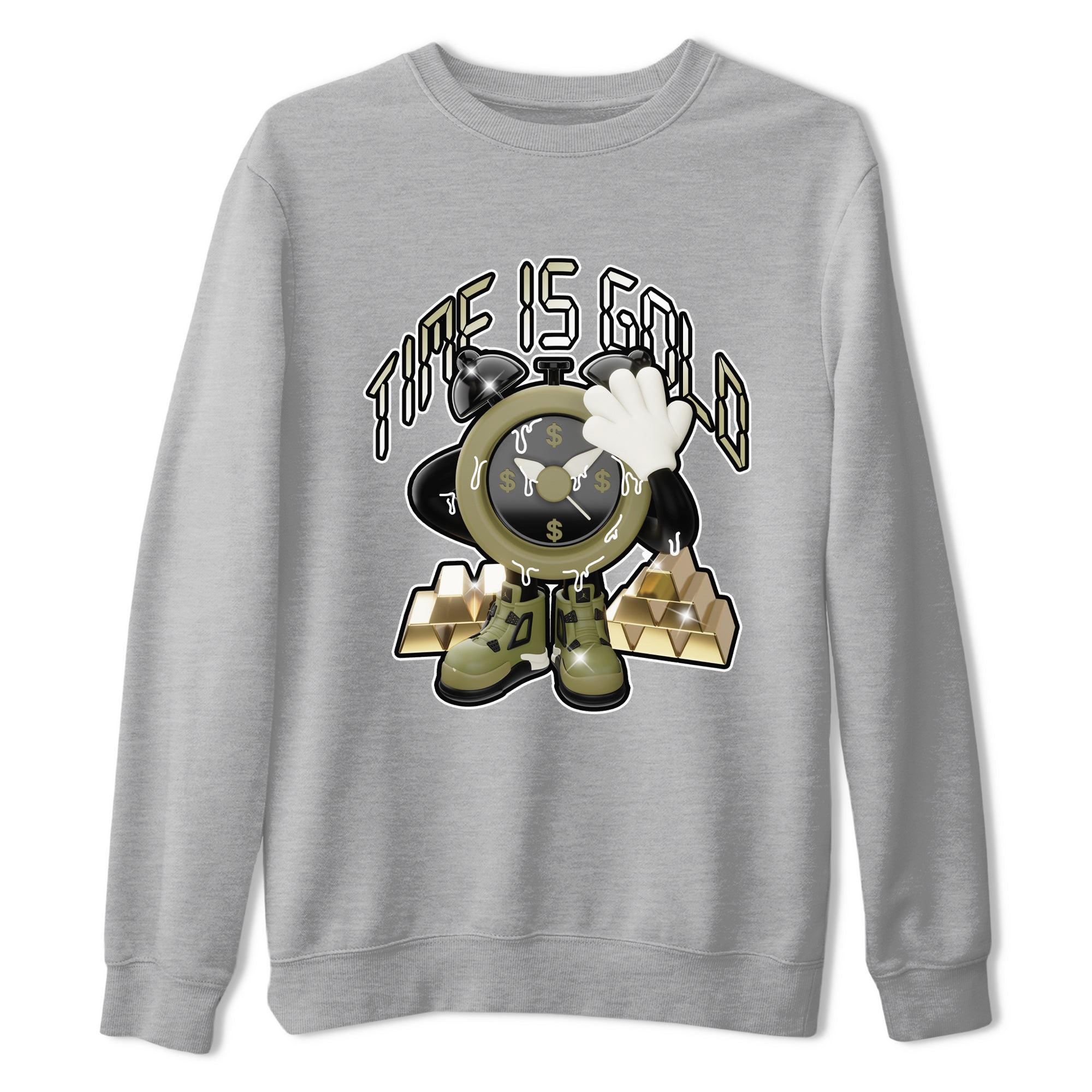 Air Jordan 4 Medium Olive shirt to match jordans streetwear brand Time Is Gold sneaker tees AJ4Medium Olive Drip Gear Zone Unisex Heather Grey 2 T-Shirt