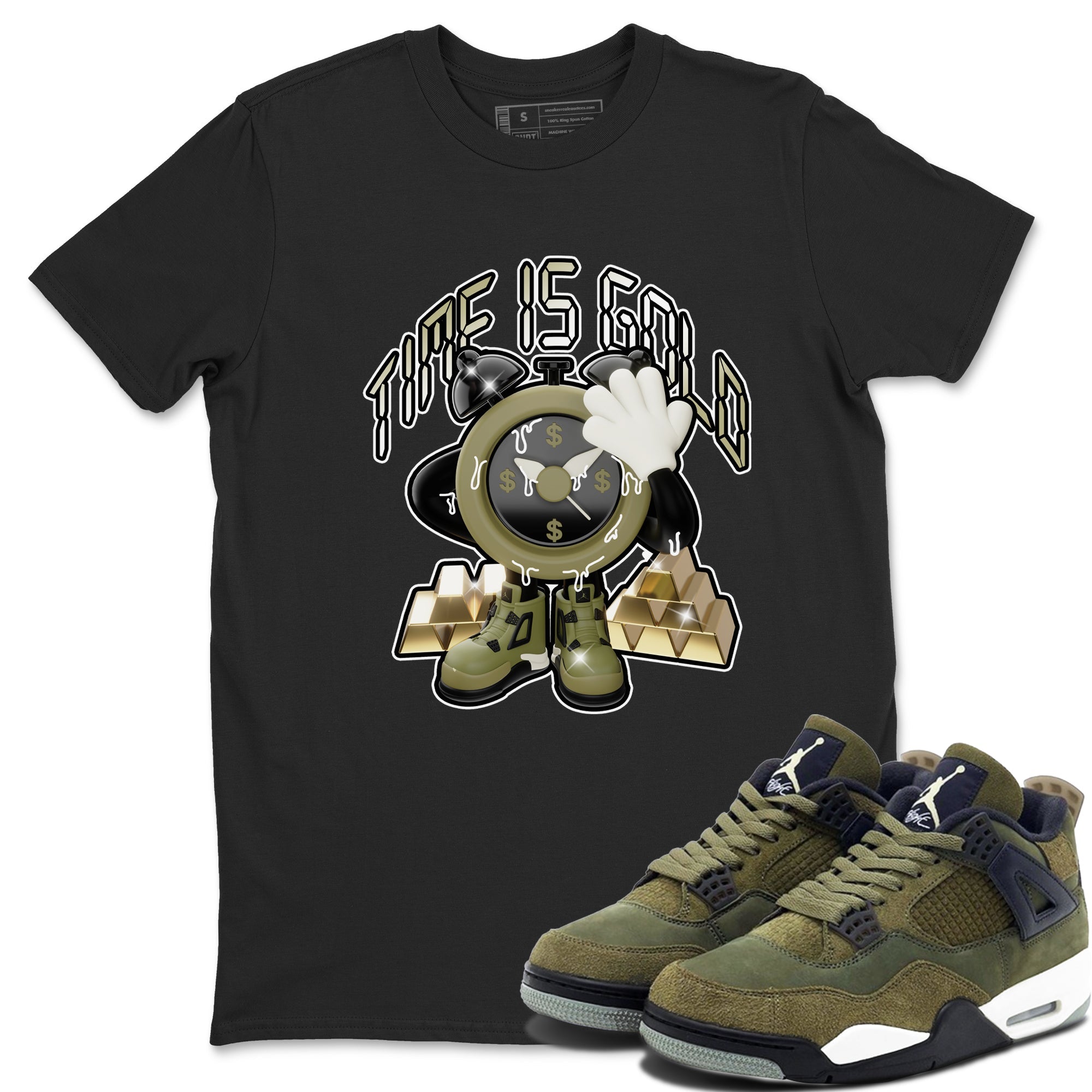 Air Jordan 4 Medium Olive shirt to match jordans streetwear brand Time Is Gold sneaker tees AJ4Medium Olive Drip Gear Zone Unisex Black 1 T-Shirt