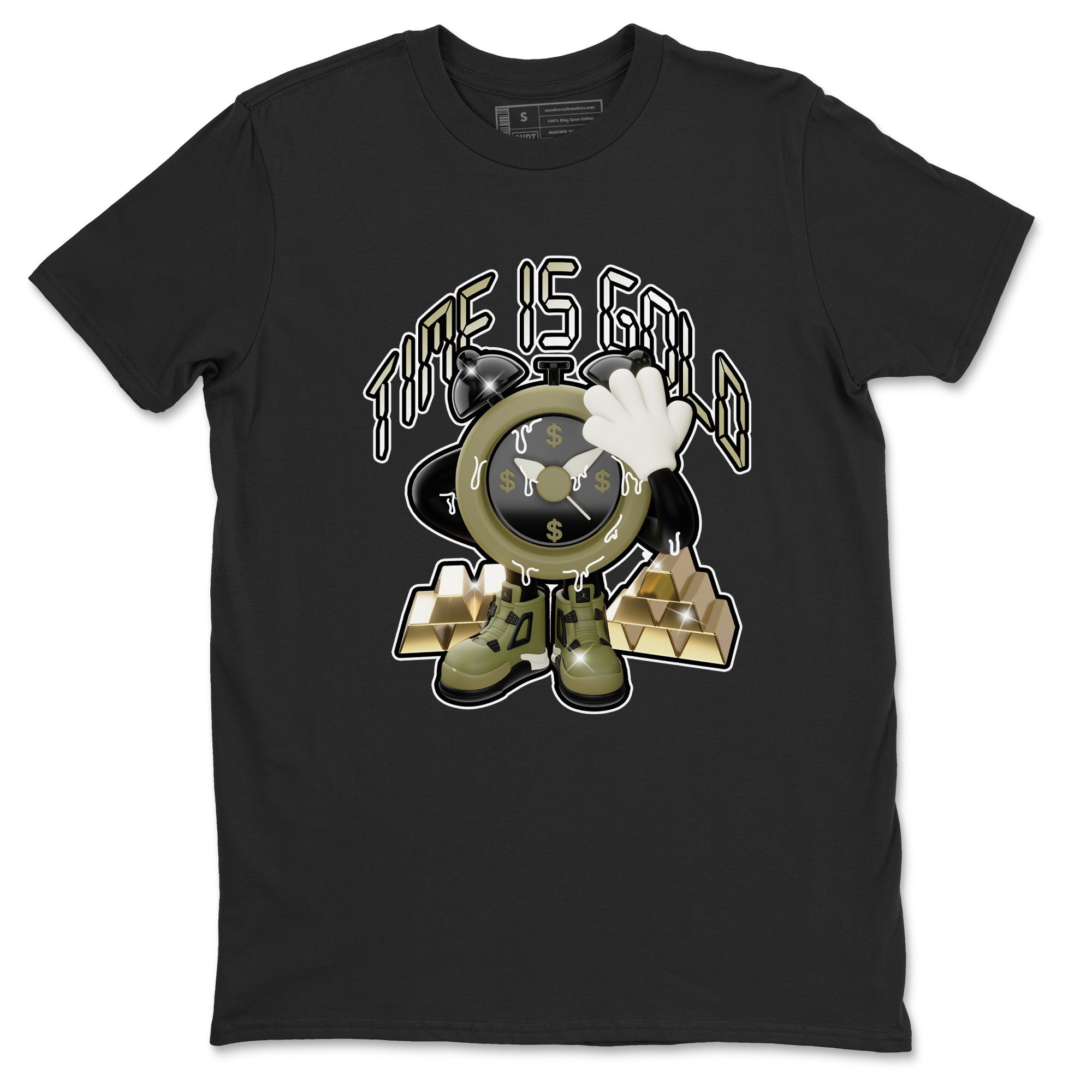 Air Jordan 4 Medium Olive shirt to match jordans streetwear brand Time Is Gold sneaker tees AJ4Medium Olive Drip Gear Zone Unisex Black 2 T-Shirt