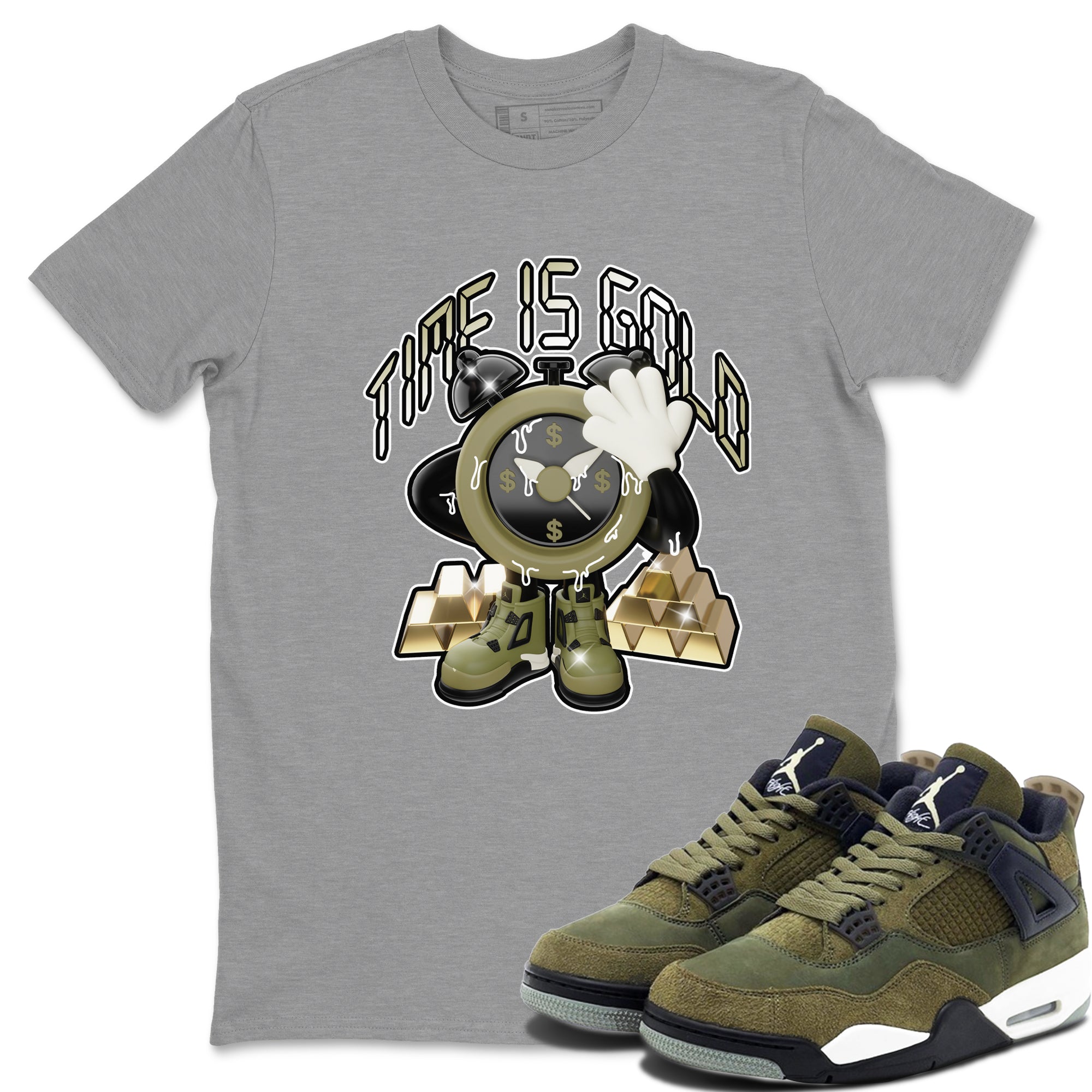 Air Jordan 4 Medium Olive shirt to match jordans streetwear brand Time Is Gold sneaker tees AJ4Medium Olive Drip Gear Zone Unisex Heather Grey 1 T-Shirt