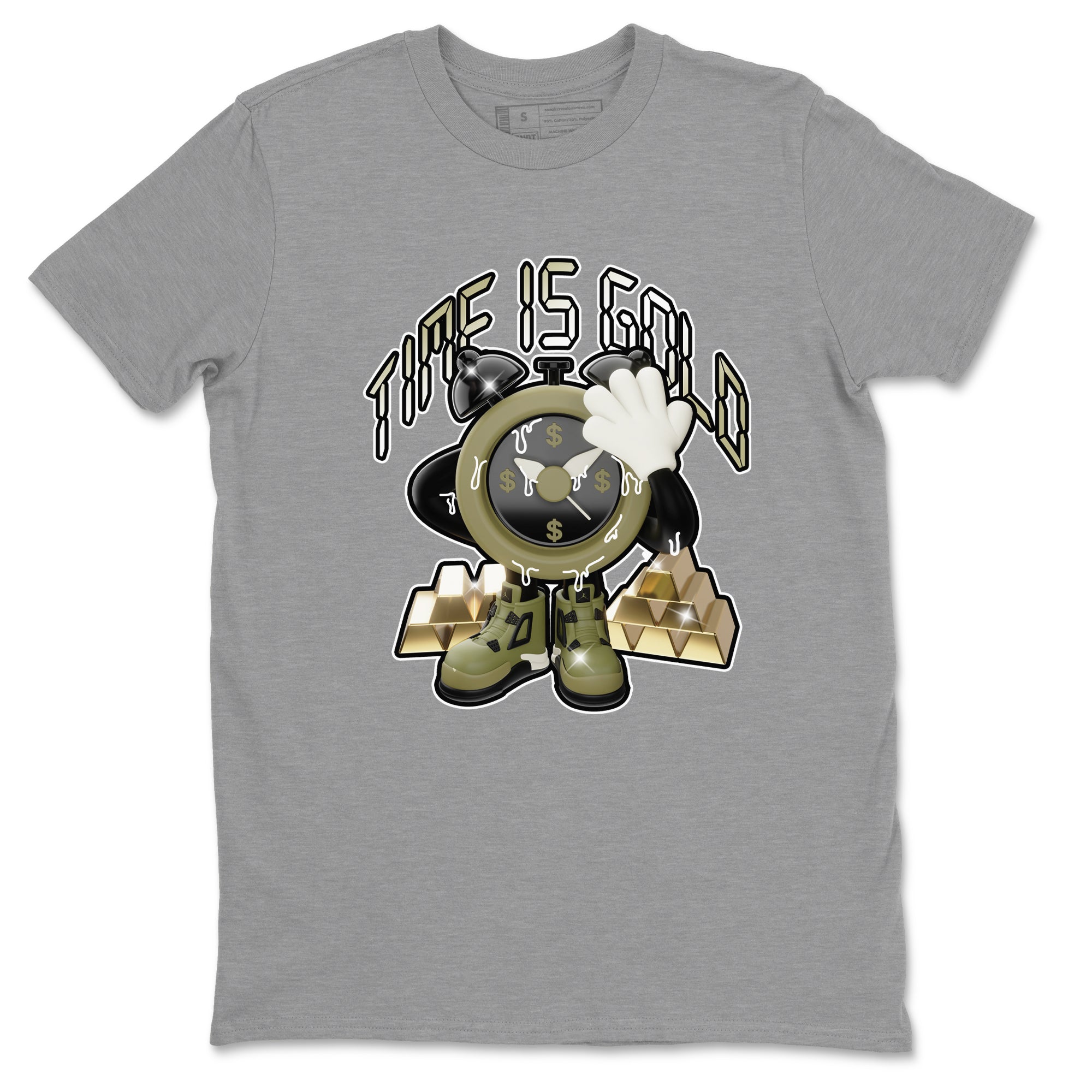 Air Jordan 4 Medium Olive shirt to match jordans streetwear brand Time Is Gold sneaker tees AJ4Medium Olive Drip Gear Zone Unisex Heather Grey 2 T-Shirt