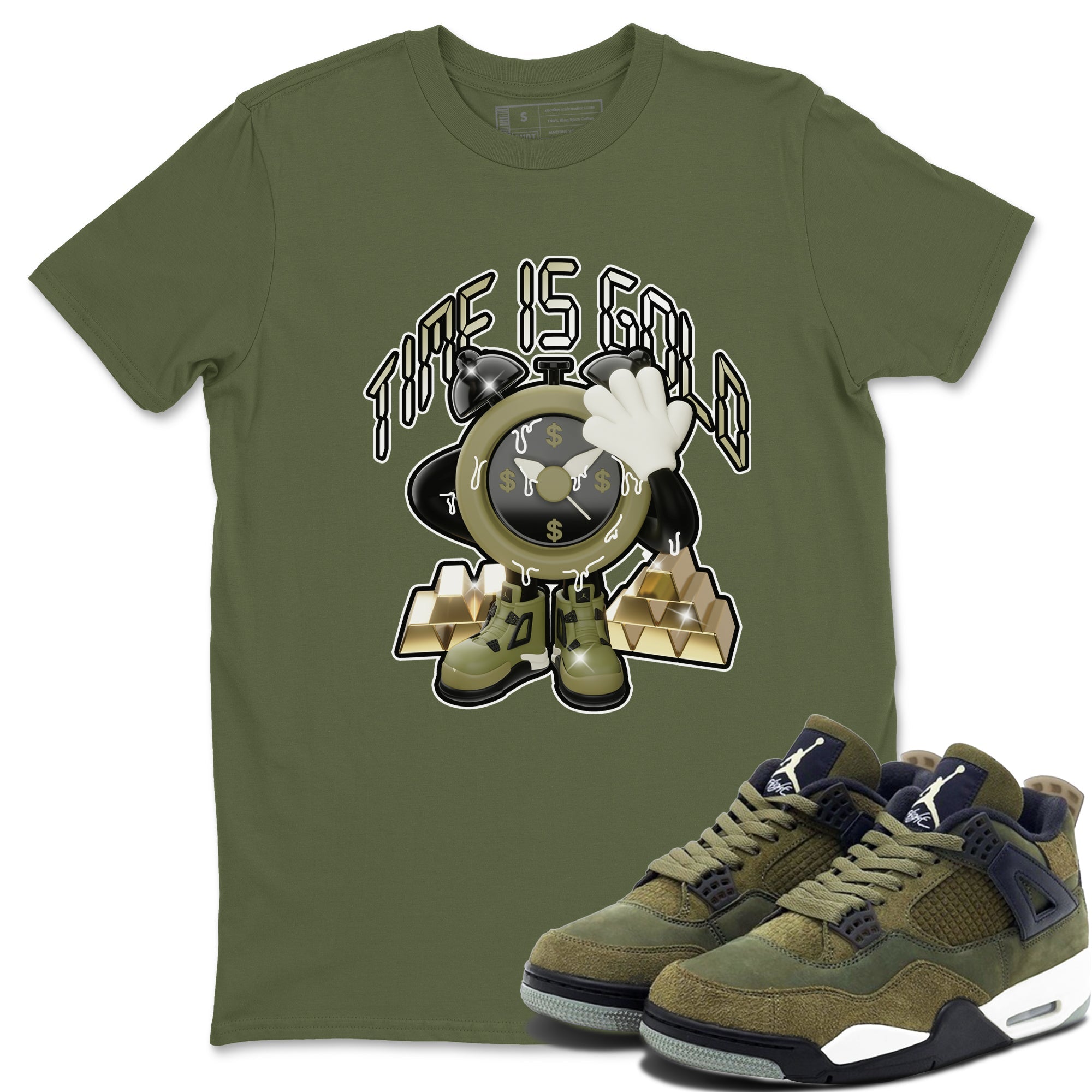 Air Jordan 4 Medium Olive shirt to match jordans streetwear brand Time Is Gold sneaker tees AJ4Medium Olive Drip Gear Zone Unisex Military Green 1 T-Shirt