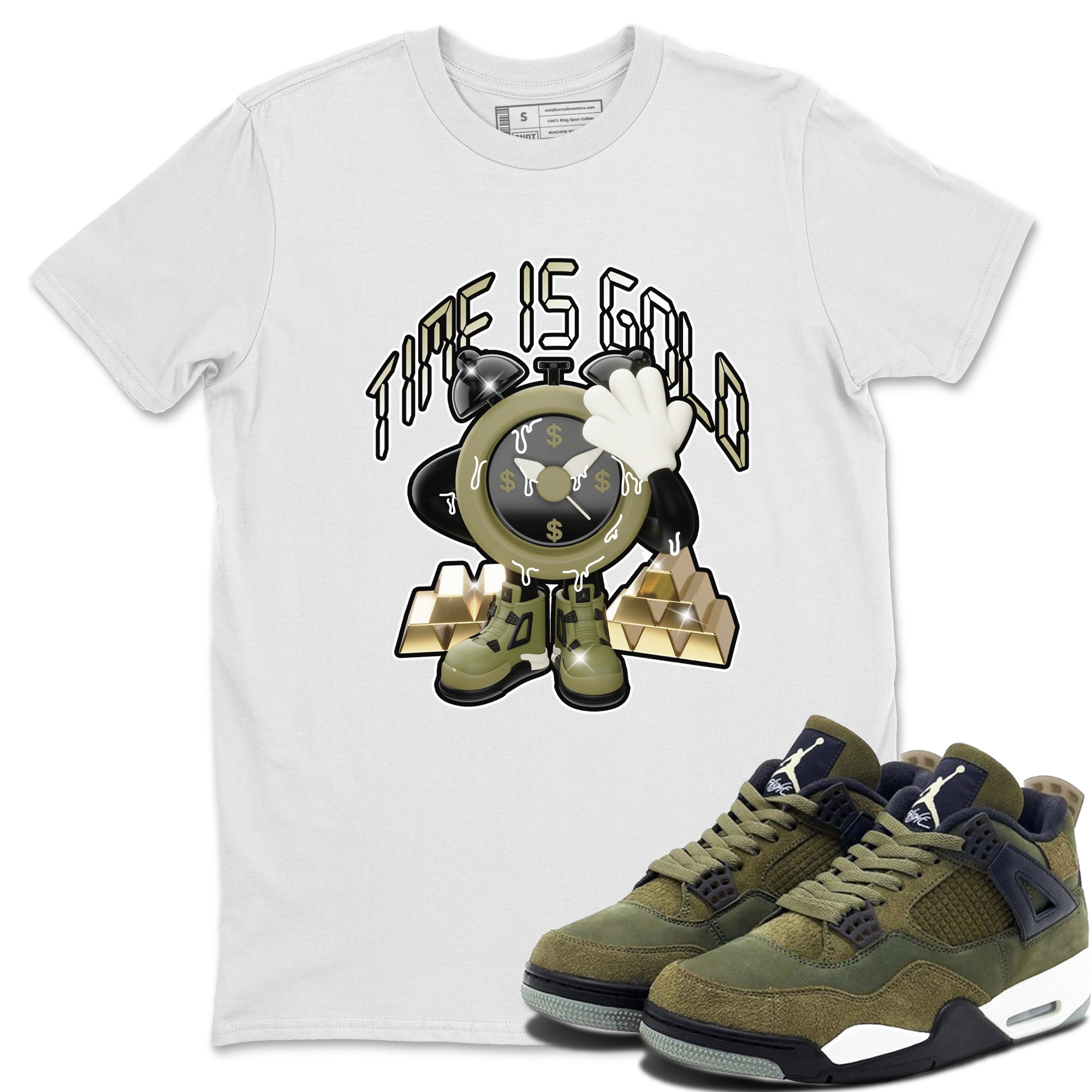 Air Jordan 4 Medium Olive shirt to match jordans streetwear brand Time Is Gold sneaker tees AJ4Medium Olive Drip Gear Zone Unisex White 1 T-Shirt