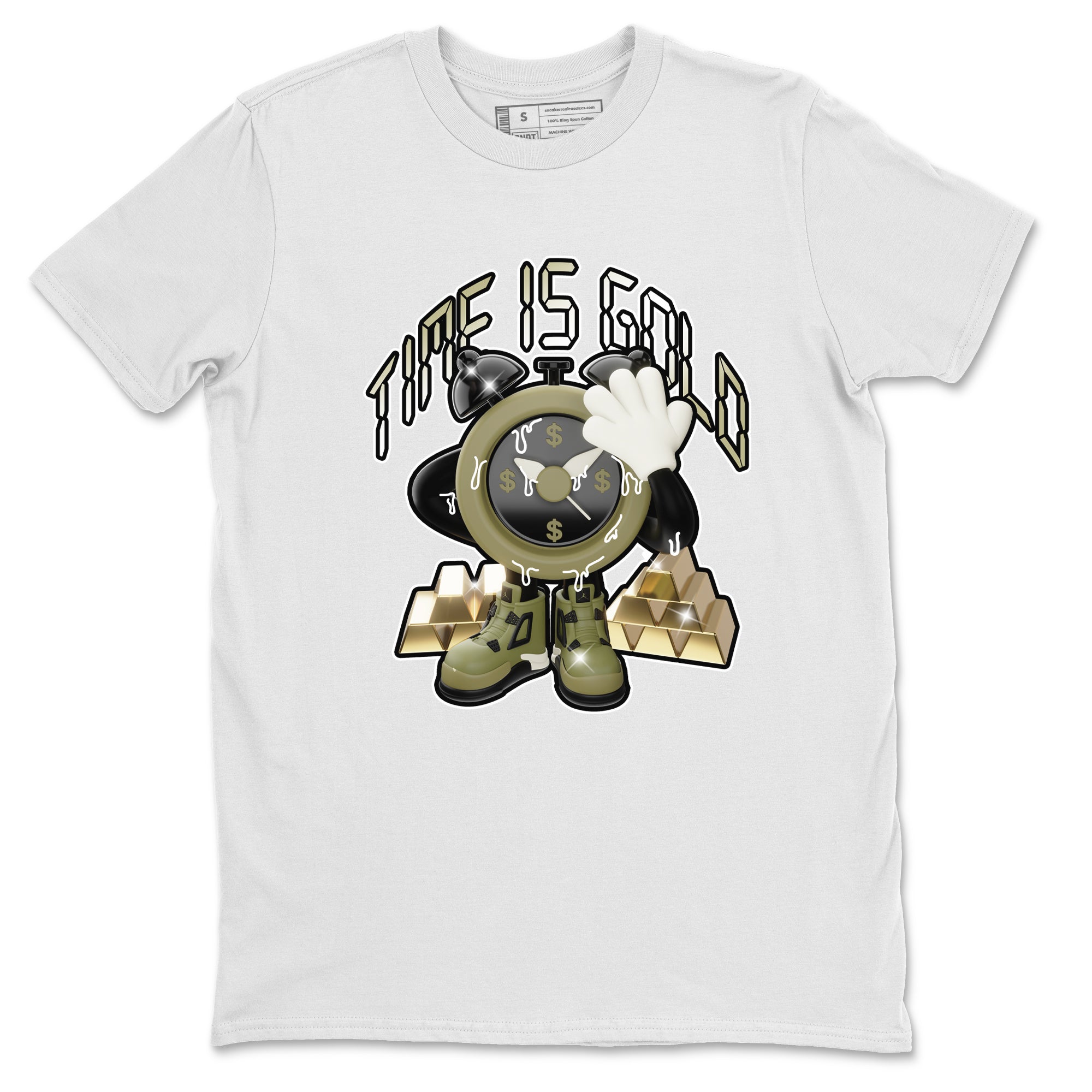 Air Jordan 4 Medium Olive shirt to match jordans streetwear brand Time Is Gold sneaker tees AJ4Medium Olive Drip Gear Zone Unisex White 2 T-Shirt