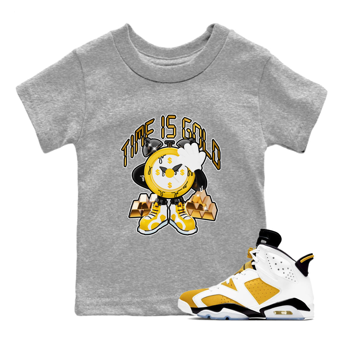 6s Yellow Ochre shirt to match jordans Time Is Gold sneaker tees streetwear brand Air Jordan 6 Yellow Ochre Drip Gear Zone Brand Baby Toddler Heather Grey 1 T-Shirt