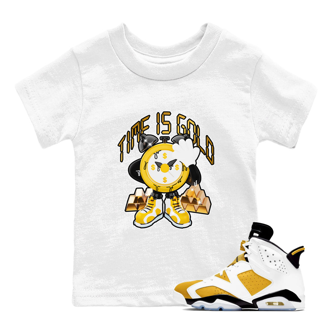 6s Yellow Ochre shirt to match jordans Time Is Gold sneaker tees streetwear brand Air Jordan 6 Yellow Ochre Drip Gear Zone Brand Baby Toddler White 1 T-Shirt
