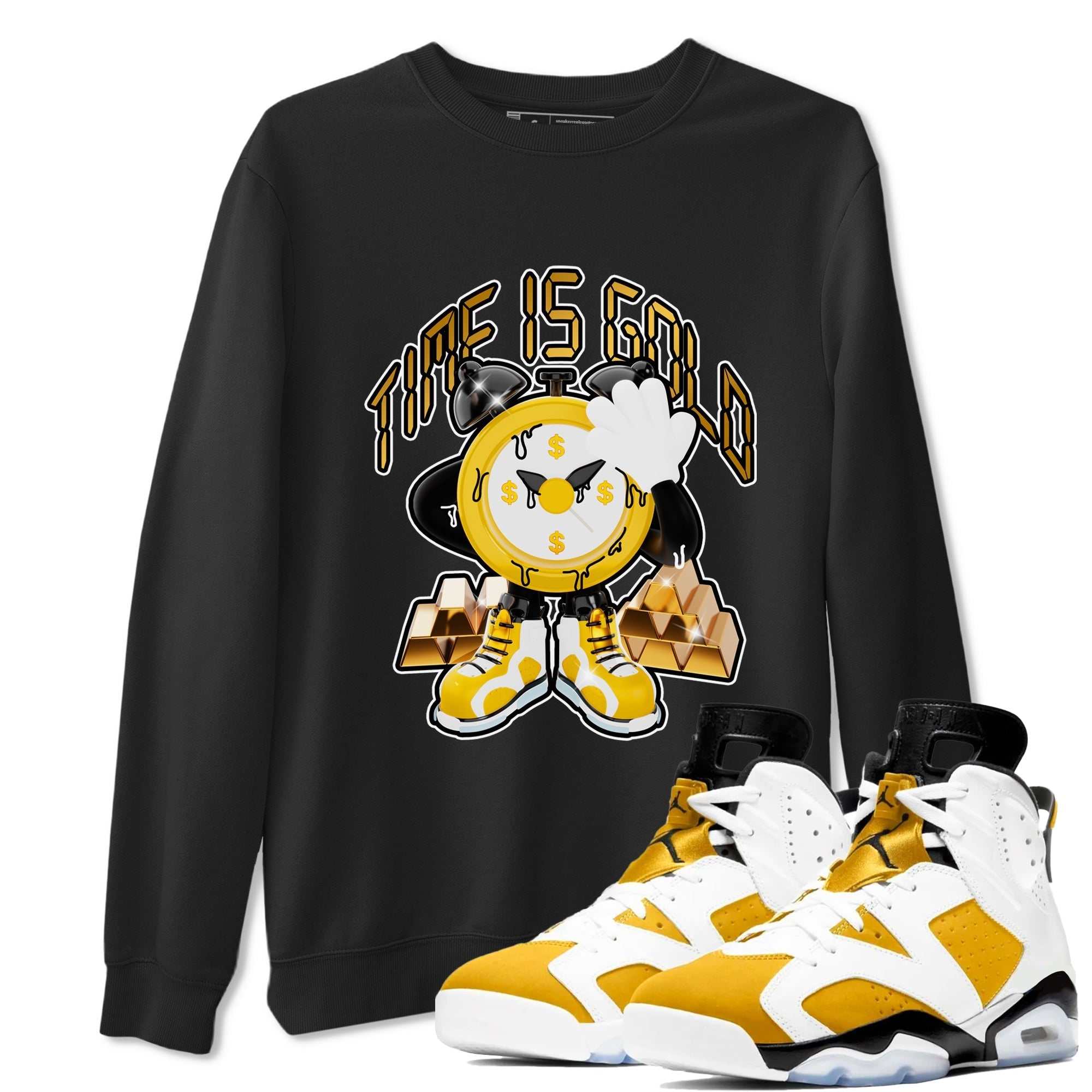 6s Yellow Ochre shirt to match jordans Time Is Gold sneaker tees streetwear brand Air Jordan 6 Yellow Ochre Drip Gear Zone Brand Unisex Black 1 T-Shirt
