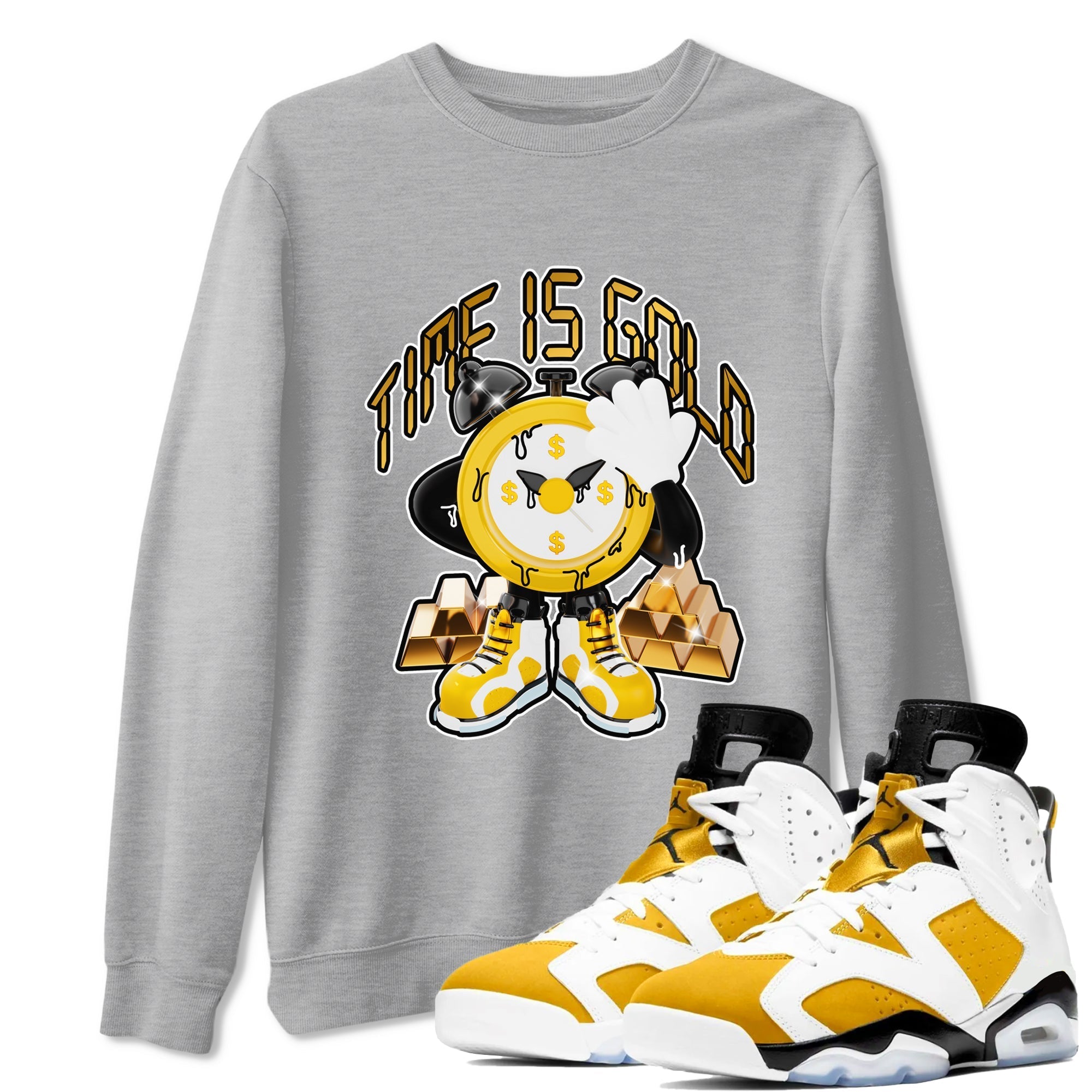 6s Yellow Ochre shirt to match jordans Time Is Gold sneaker tees streetwear brand Air Jordan 6 Yellow Ochre Drip Gear Zone Brand Unisex Heather Grey 1 T-Shirt