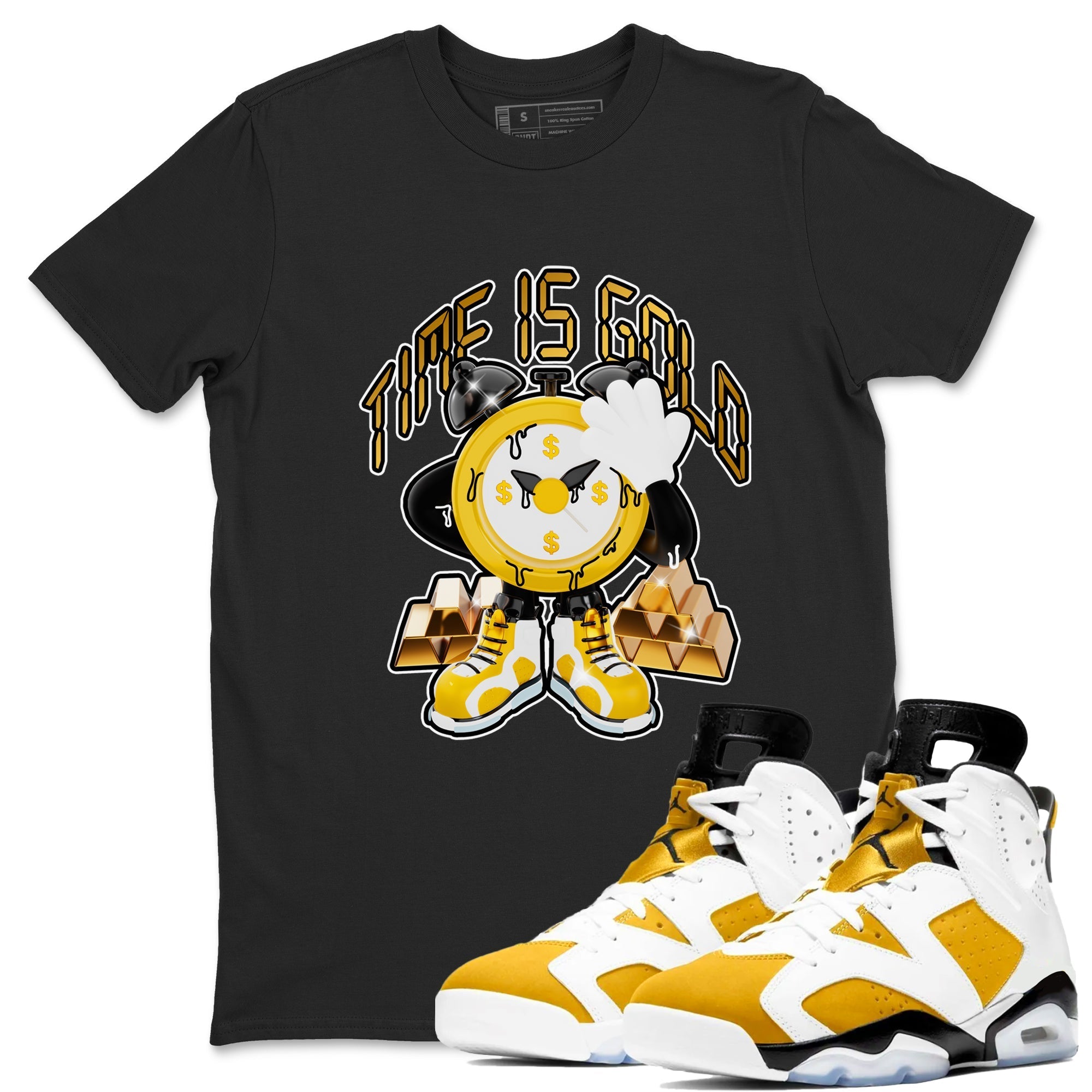 6s Yellow Ochre shirt to match jordans Time Is Gold sneaker tees streetwear brand Air Jordan 6 Yellow Ochre Drip Gear Zone Brand Unisex Black 1 T-Shirt