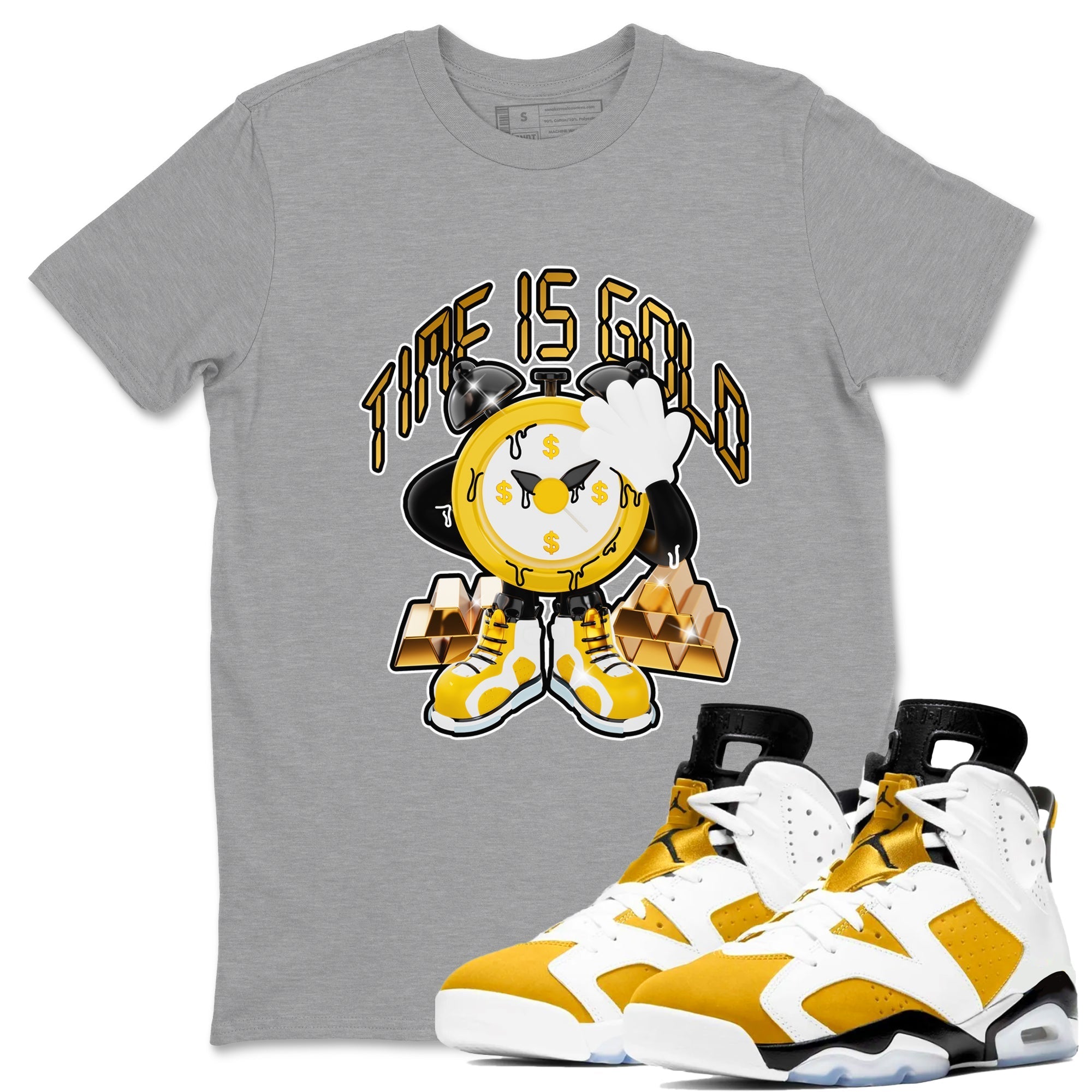 6s Yellow Ochre shirt to match jordans Time Is Gold sneaker tees streetwear brand Air Jordan 6 Yellow Ochre Drip Gear Zone Brand Unisex Heather Grey 1 T-Shirt