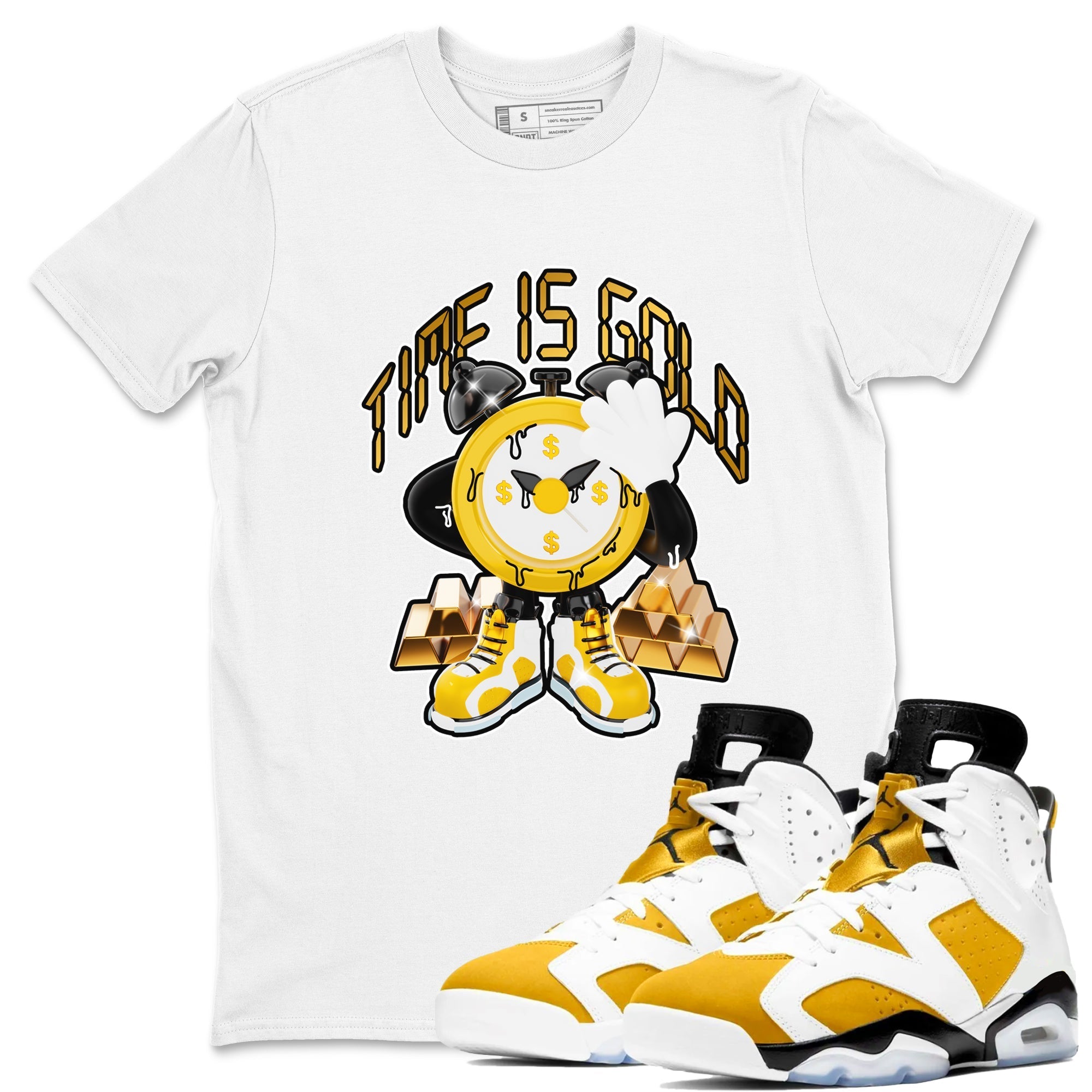 6s Yellow Ochre shirt to match jordans Time Is Gold sneaker tees streetwear brand Air Jordan 6 Yellow Ochre Drip Gear Zone Brand Unisex White 1 T-Shirt