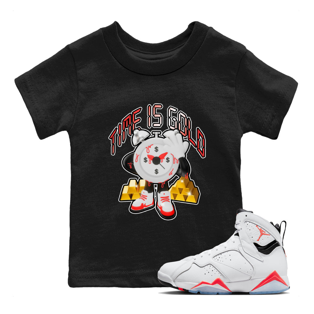 Air Jordan 7 White Infrared shirt to match jordans Time Is Gold Streetwear Sneaker Shirt AJ7 White Infrared Drip Gear Zone Sneaker Matching Clothing Baby Toddler Black 1 T-Shirt