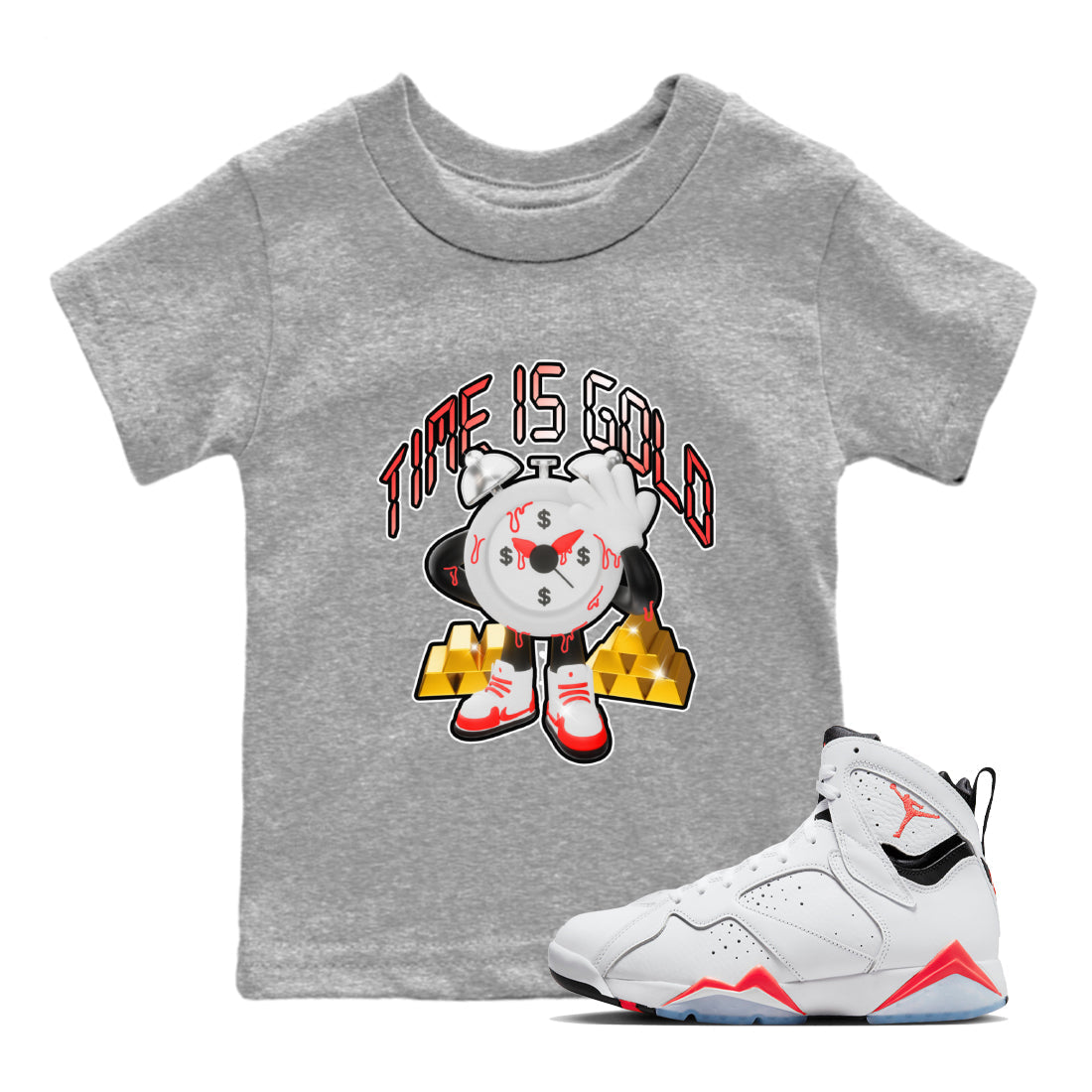 Air Jordan 7 White Infrared shirt to match jordans Time Is Gold Streetwear Sneaker Shirt AJ7 White Infrared Drip Gear Zone Sneaker Matching Clothing Baby Toddler Heather Grey 1 T-Shirt