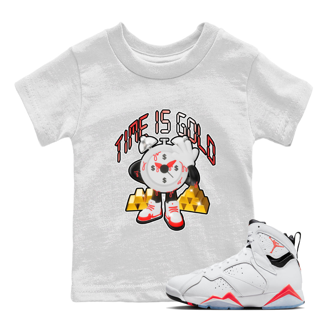 Air Jordan 7 White Infrared shirt to match jordans Time Is Gold Streetwear Sneaker Shirt AJ7 White Infrared Drip Gear Zone Sneaker Matching Clothing Baby Toddler White 1 T-Shirt