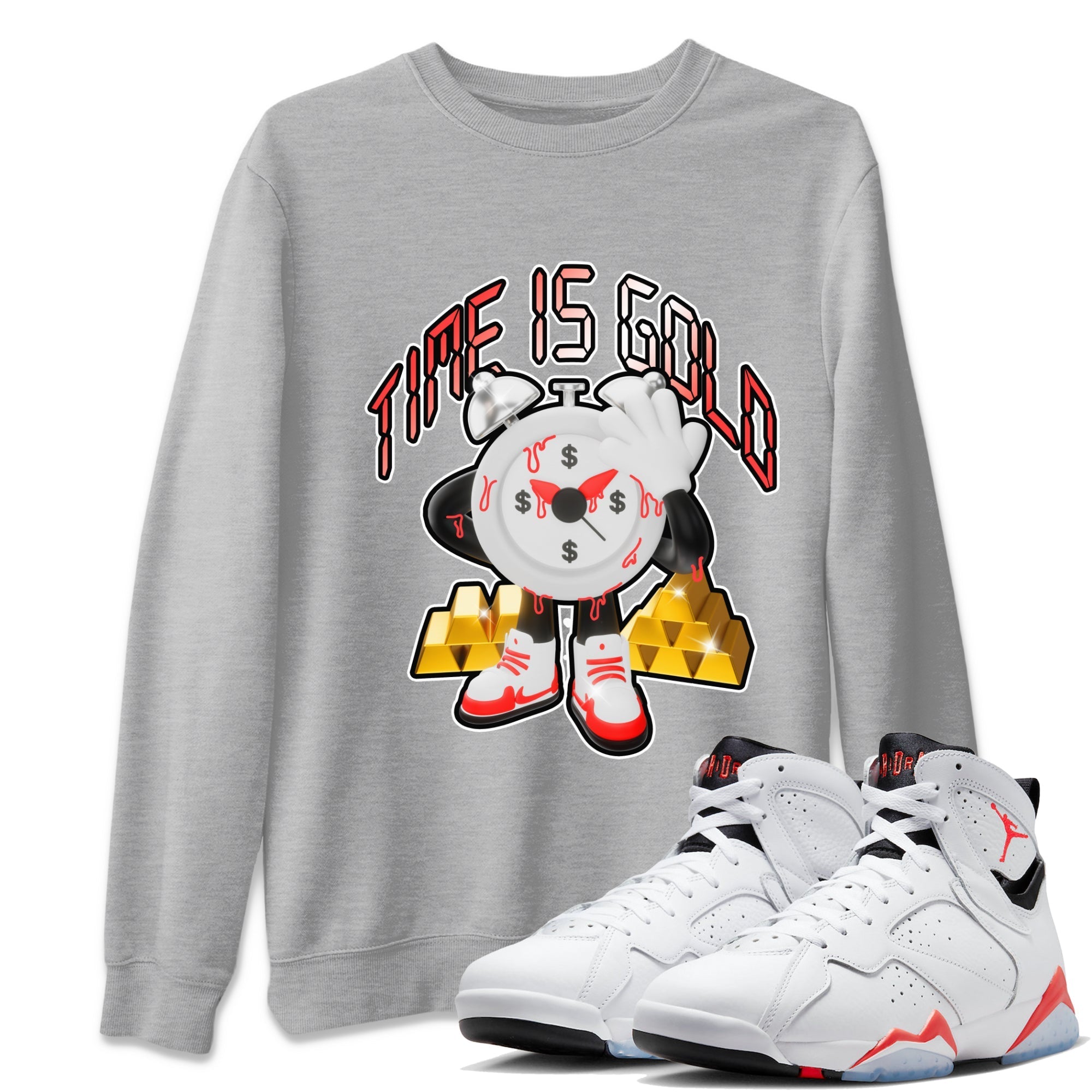 Air Jordan 7 White Infrared shirt to match jordans Time Is Gold Streetwear Sneaker Shirt AJ7 White Infrared Drip Gear Zone Sneaker Matching Clothing Unisex Heather Grey 1 T-Shirt