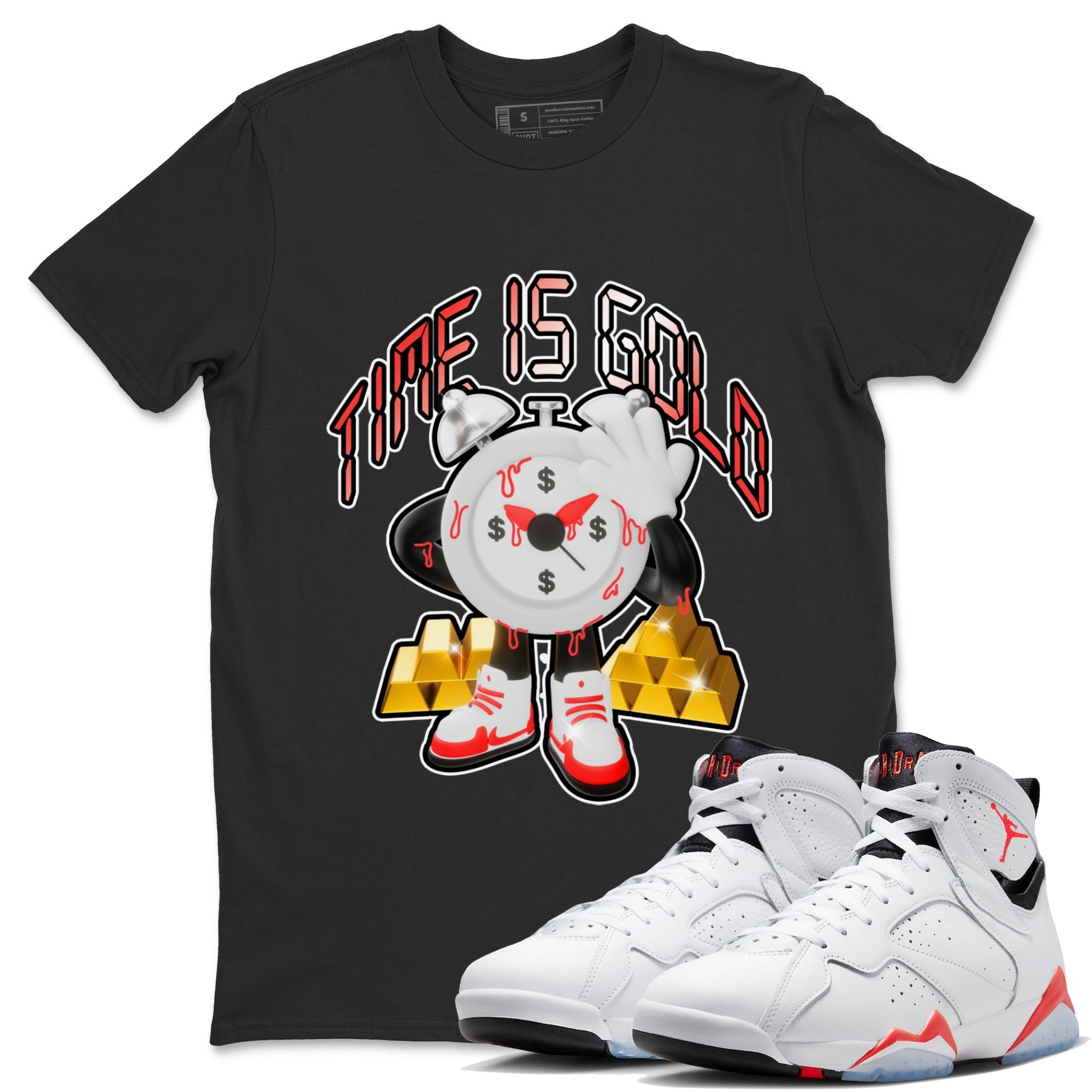 Air Jordan 7 White Infrared shirt to match jordans Time Is Gold Streetwear Sneaker Shirt AJ7 White Infrared Drip Gear Zone Sneaker Matching Clothing Unisex Black 1 T-Shirt