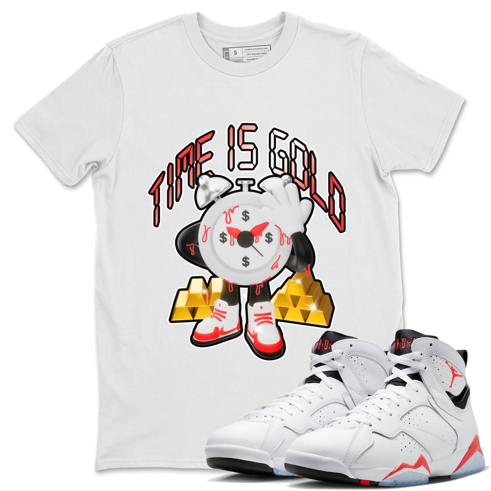Air Jordan 7 White Infrared shirt to match jordans Time Is Gold Streetwear Sneaker Shirt AJ7 White Infrared Drip Gear Zone Sneaker Matching Clothing Unisex White 1 T-Shirt