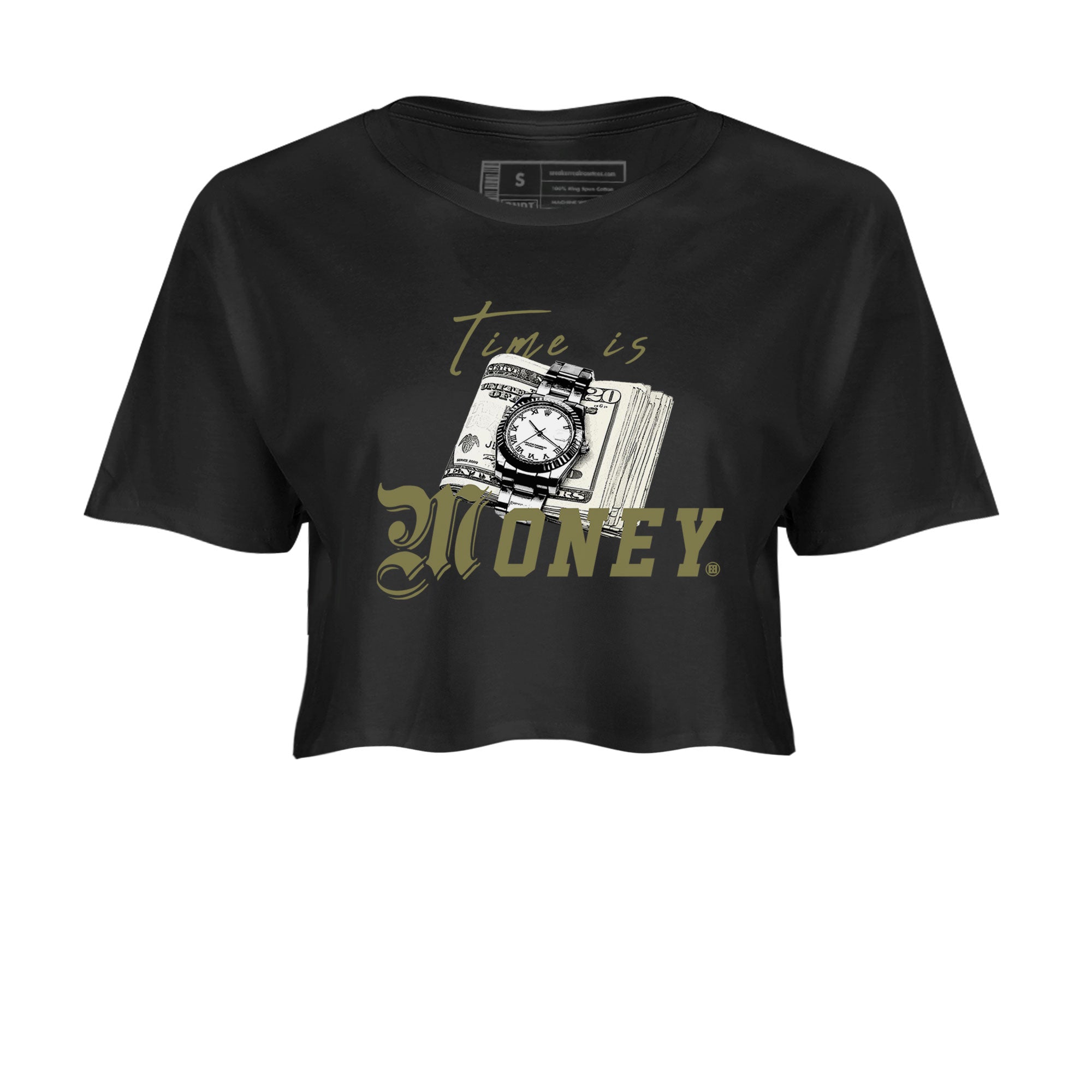 AJ4 Medium Olive shirt to match jordans streetwear brand Time Is Money sneaker tees Air Jordan 4 Medium Olive Drip Gear Zone Black 2 Crop T-Shirt